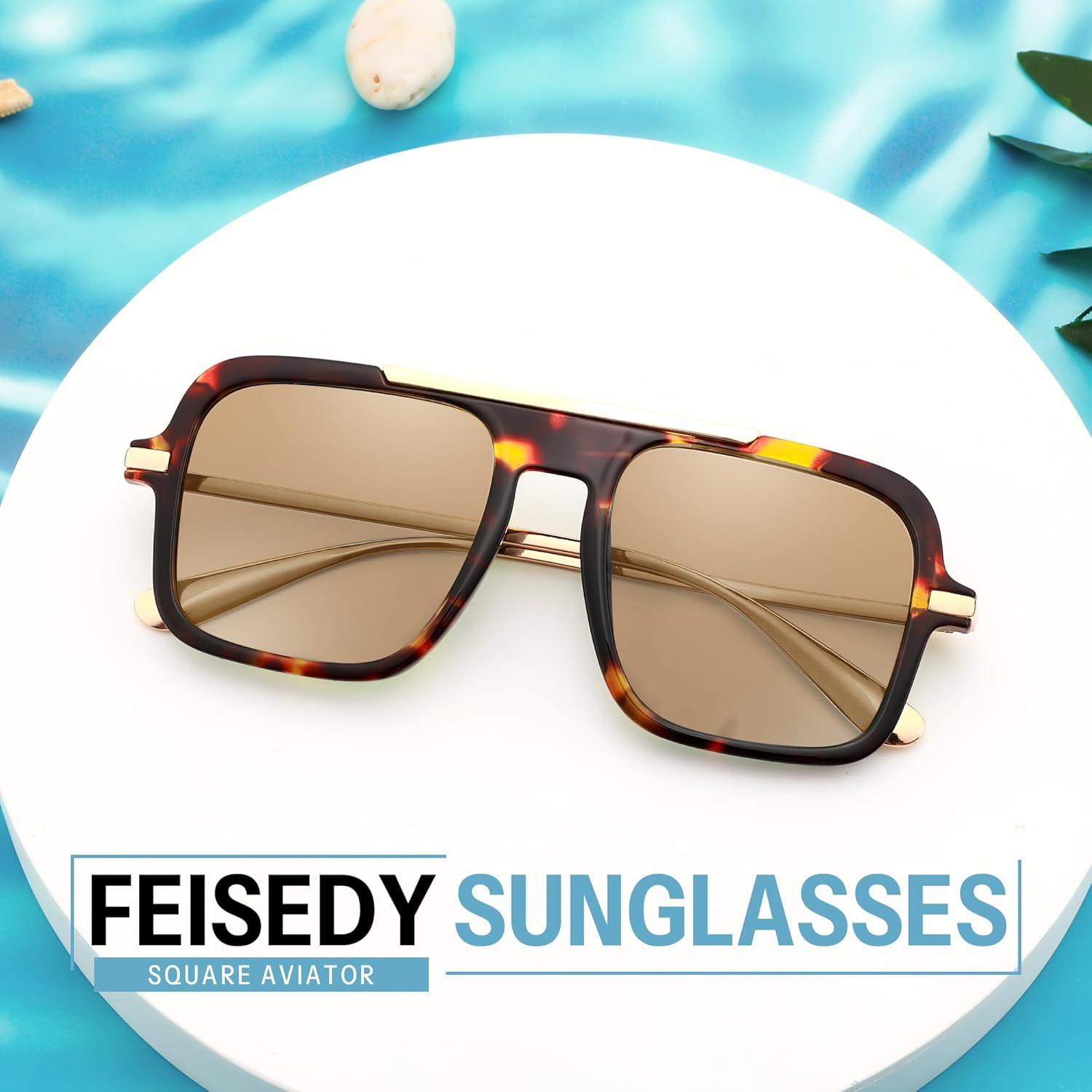 image:imageFEISEDY Retro Square Aviator Sunglasses for Women Men Trendy 70s Shades B4193Tortoise FrameLight Brown Lens
