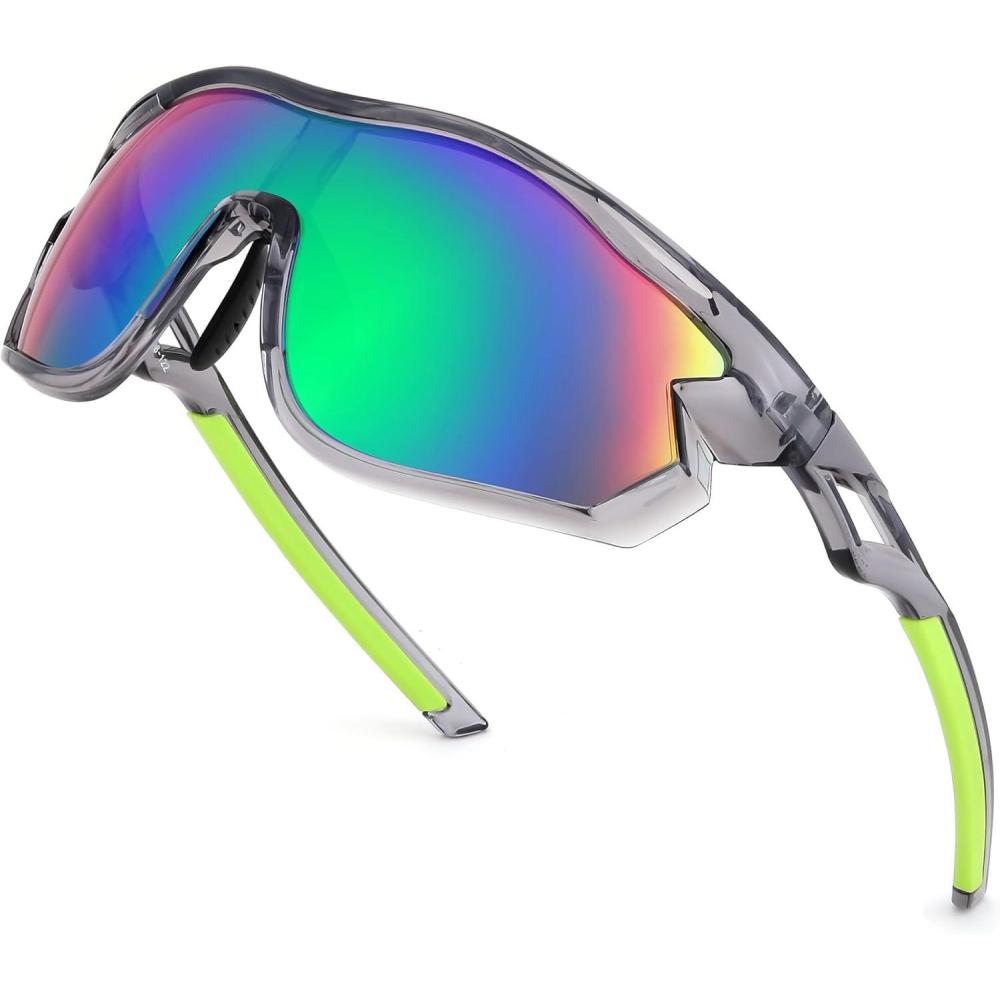 image:imageFEISEDY Polarized Sports Sunglasses Men Women UV Protection Cycling Baseball Glasses B4179Transparent Gray FrameGreen Mirror