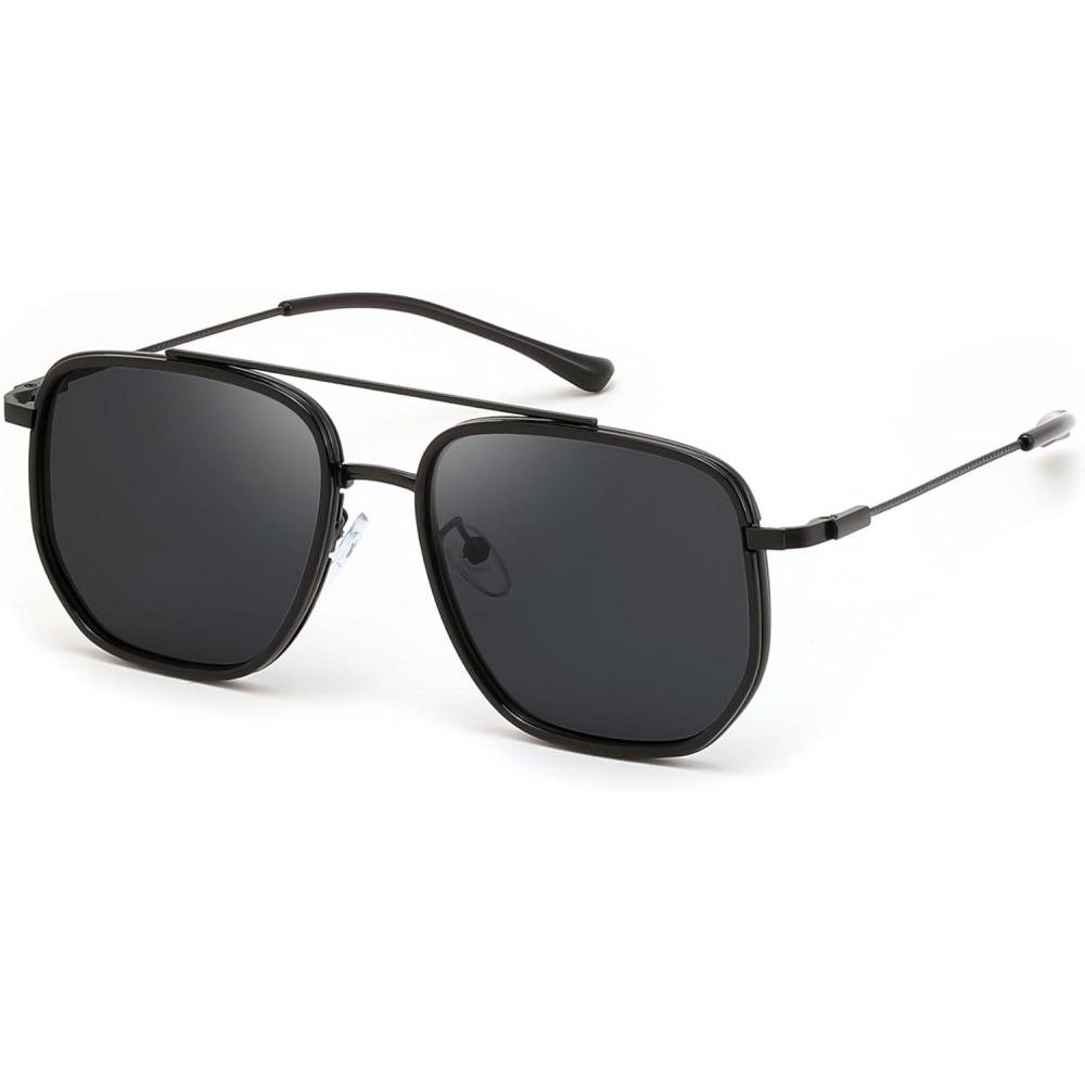 image:imageFEISEDY Retro Aviator Sunglasses for Women Men Vintage Classic Square Metal Frame Sun Glasses Trendy Shades B0371Black Frame Grey Lens