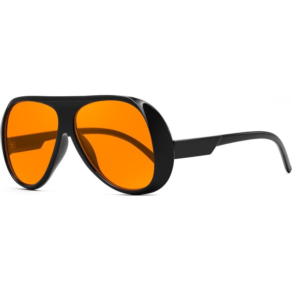 image:imageFEISEDY Retro Oversized Aviator Sunglasses Womens Men Trendy Vintage 70s Style Big Square Shield B0344Black Frame Orange Lens