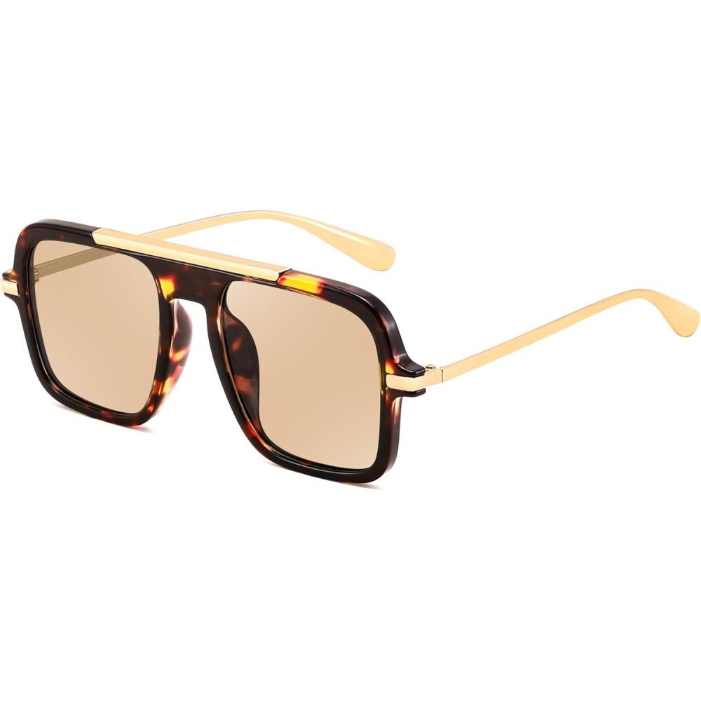 image:imageFEISEDY Retro Square Aviator Sunglasses for Women Men Trendy 70s Shades B4193Tortoise FrameLight Brown Lens