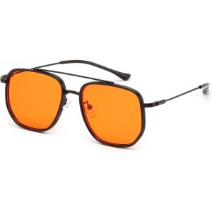 FEISEDY Retro Aviator Sunglasses for Women Men Vintage Classic Square Metal Frame Sun Glasses Trendy Shades B0371(Black Frame Orange Lens)