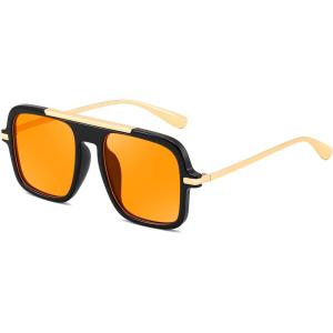 FEISEDY Retro Square Aviator Sunglasses for Women Men Trendy 70s Shades B4193(Black Frame/Orange Lens)