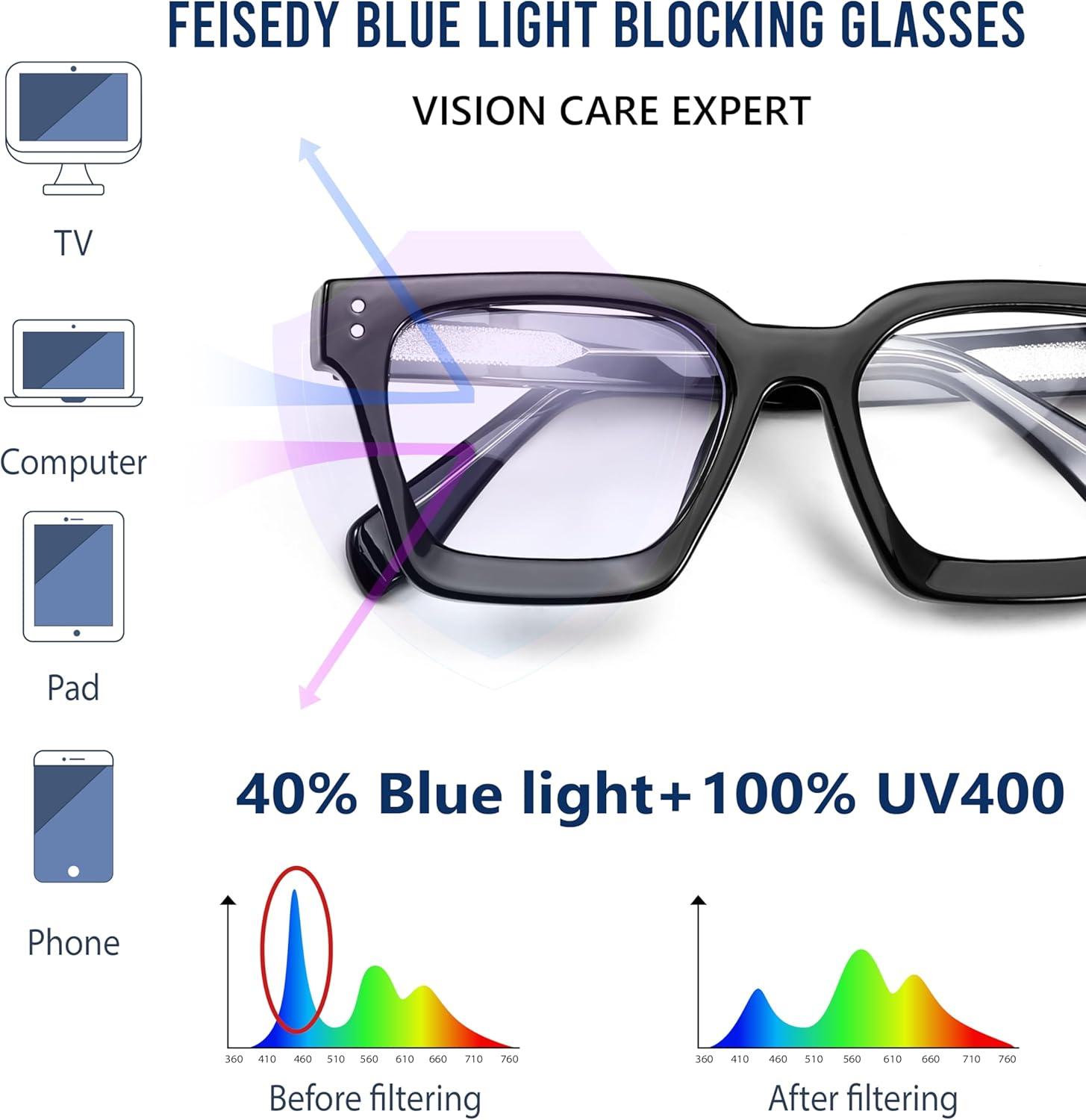 image:imageFEISEDY Blue Light Blocking Glasses Women Men Chunky Square Computer Glasses B0101Black