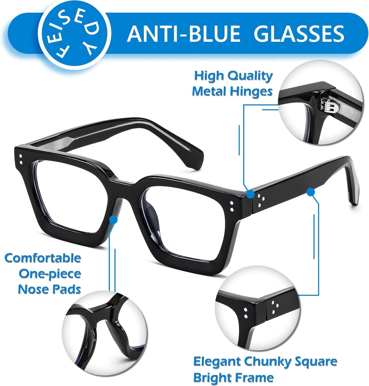 image:imageFEISEDY Blue Light Blocking Glasses Women Men Chunky Square Computer Glasses B0101Black