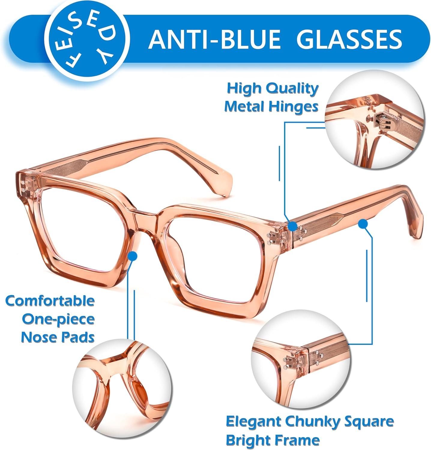 image:imageFEISEDY Blue Light Blocking Glasses Women Men Chunky Square Computer Glasses B0101Clear Champagne