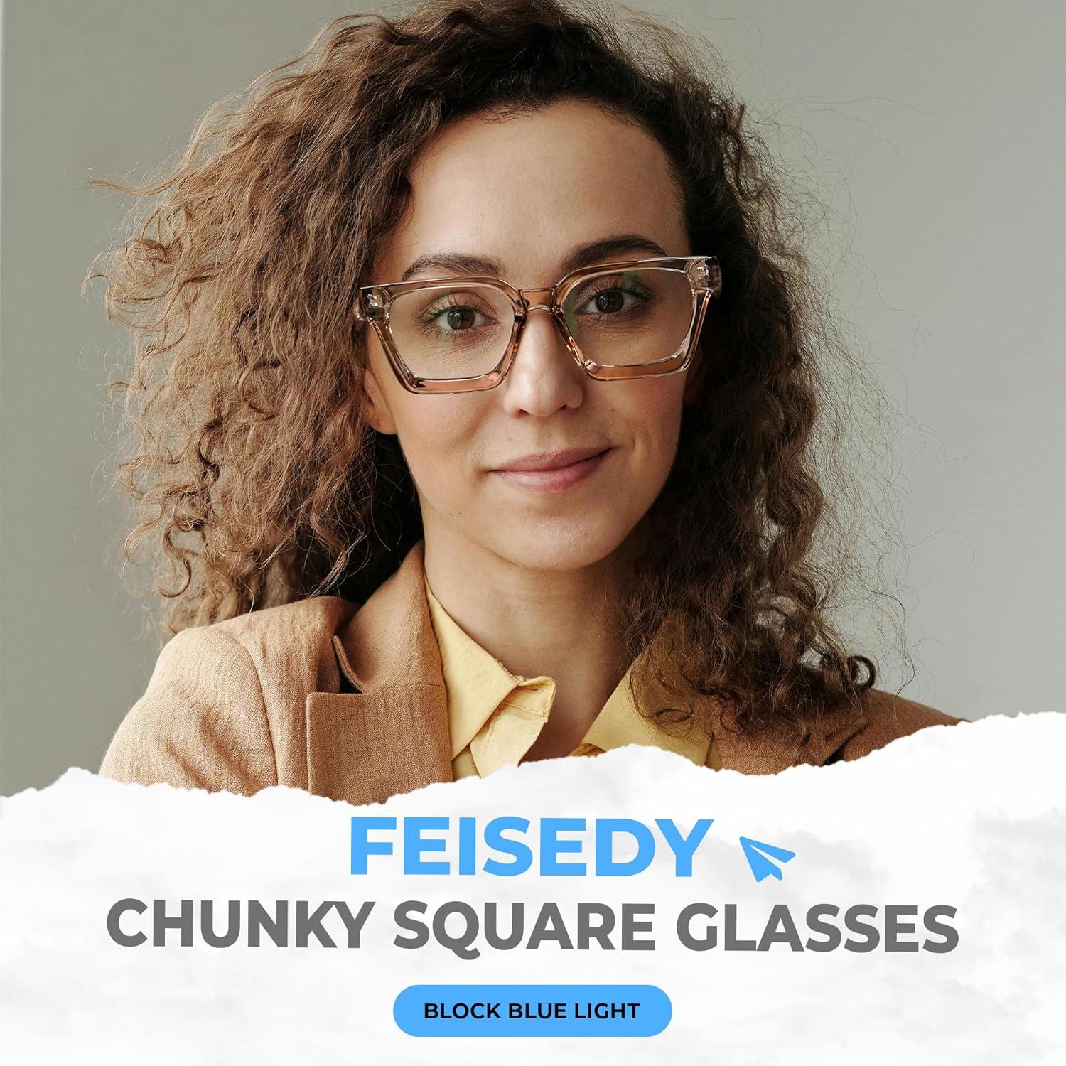 image:imageFEISEDY Blue Light Blocking Glasses Women Men Chunky Square Computer Glasses B0101Clear Champagne