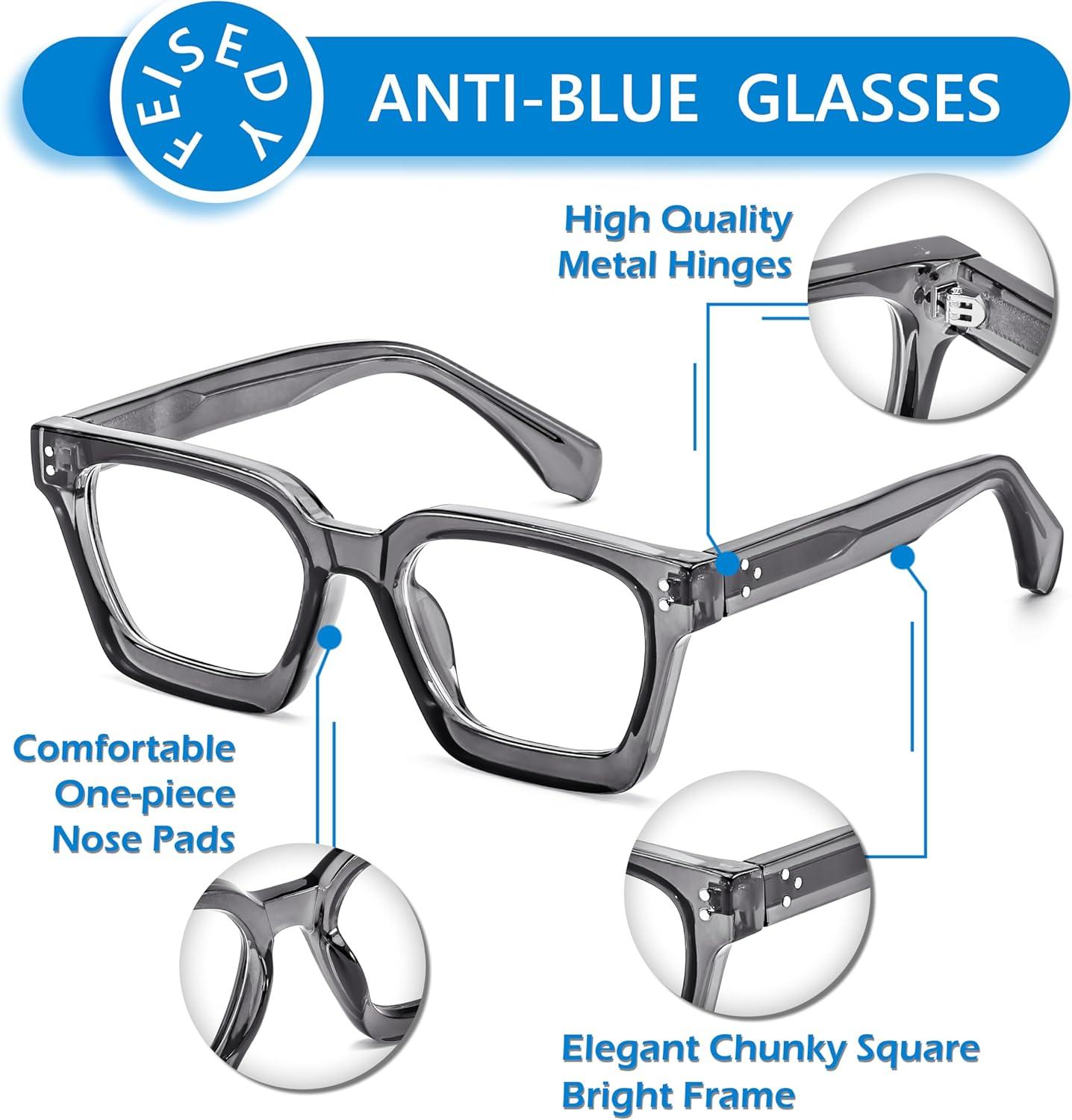 image:imageFEISEDY Blue Light Blocking Glasses Women Men Chunky Square Computer Glasses B0101Transparent Gray