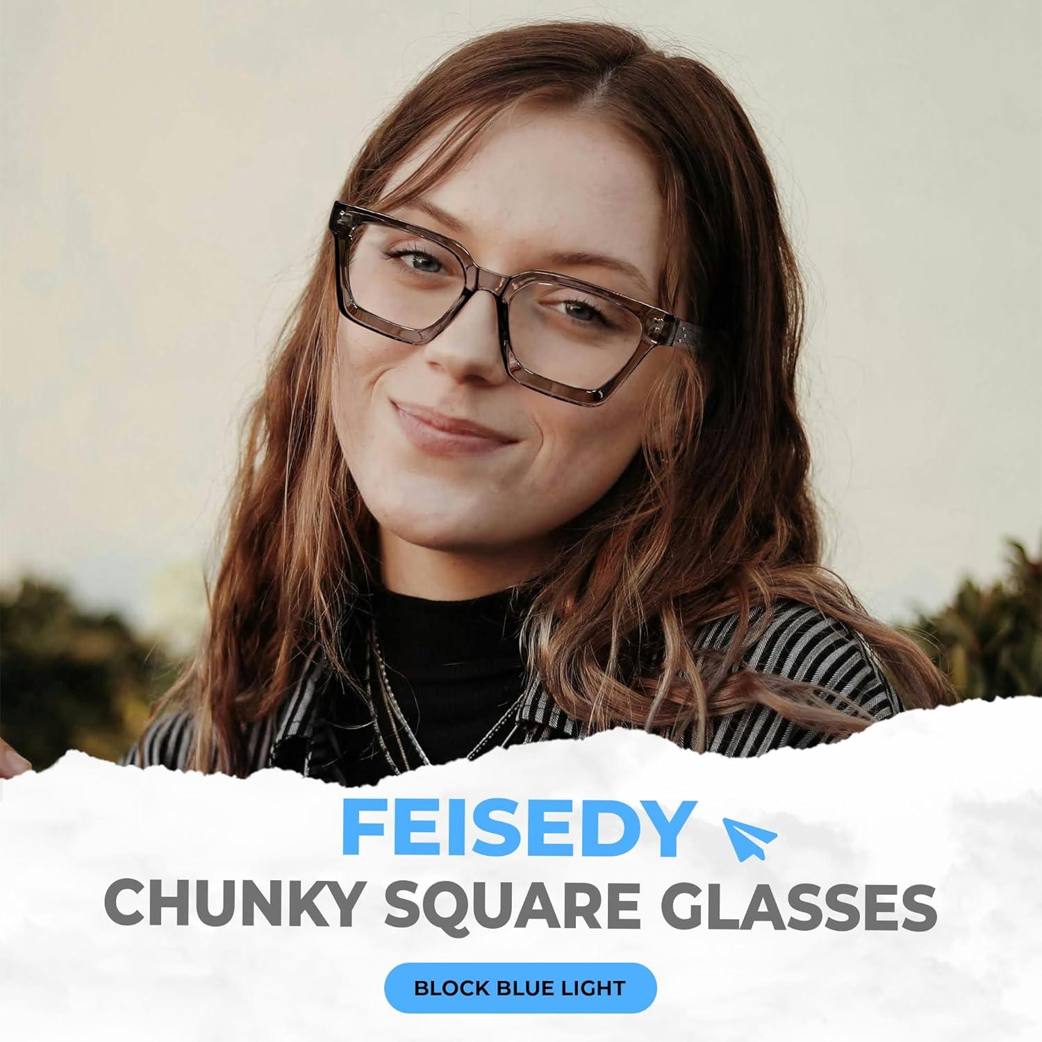image:imageFEISEDY Blue Light Blocking Glasses Women Men Chunky Square Computer Glasses B0101Transparent Gray