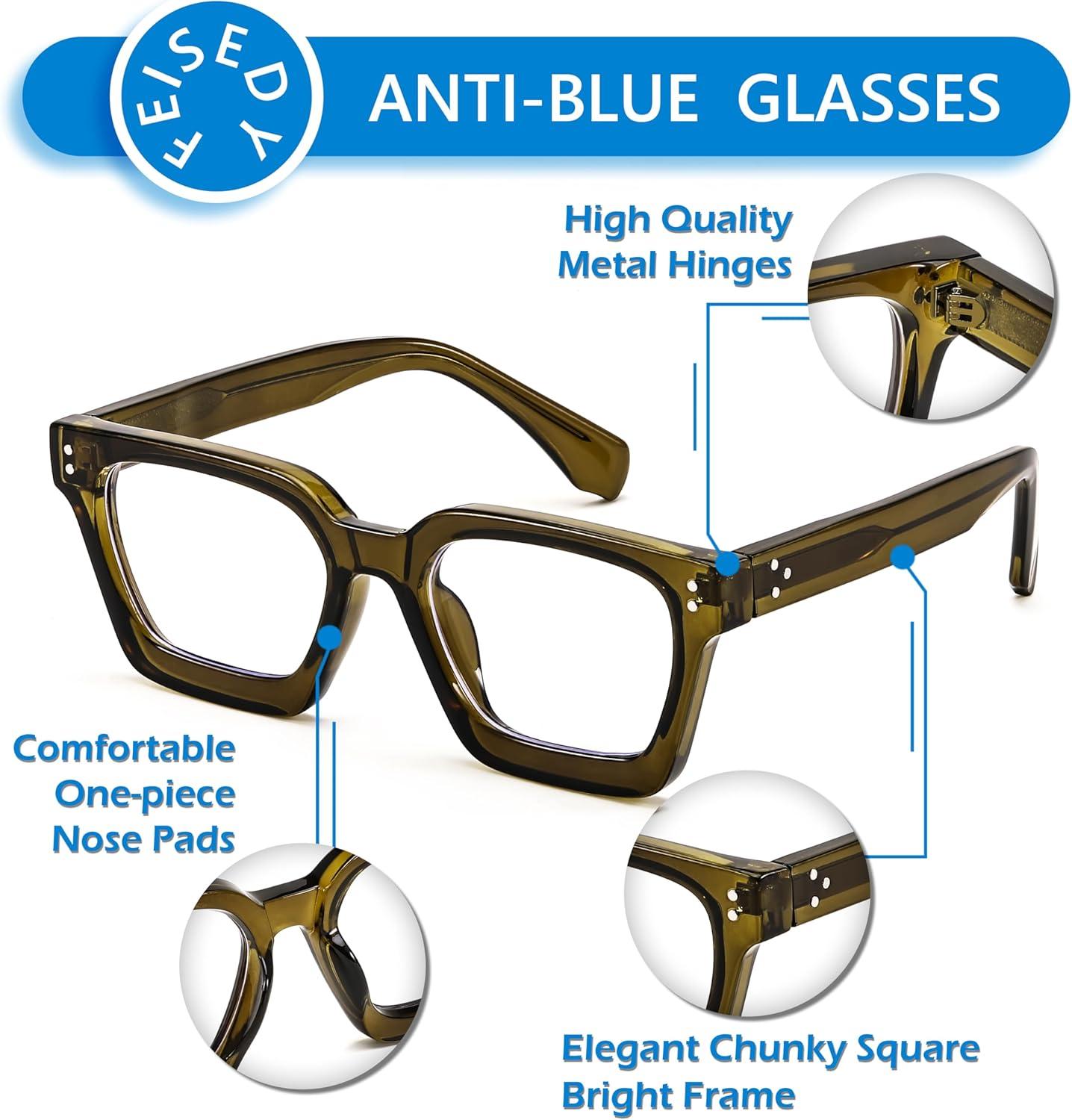 image:imageFEISEDY Blue Light Blocking Glasses Women Men Chunky Square Computer Glasses B0101Transparent Olive Green