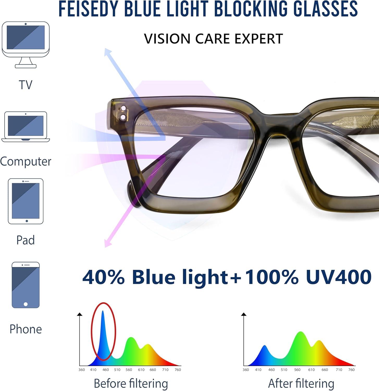image:imageFEISEDY Blue Light Blocking Glasses Women Men Chunky Square Computer Glasses B0101Transparent Olive Green