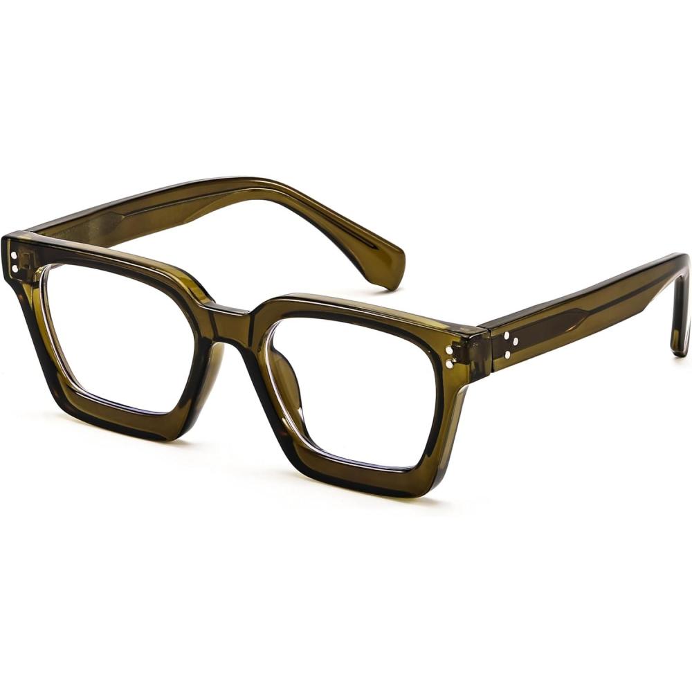 image:imageFEISEDY Blue Light Blocking Glasses Women Men Chunky Square Computer Glasses B0101Transparent Olive Green