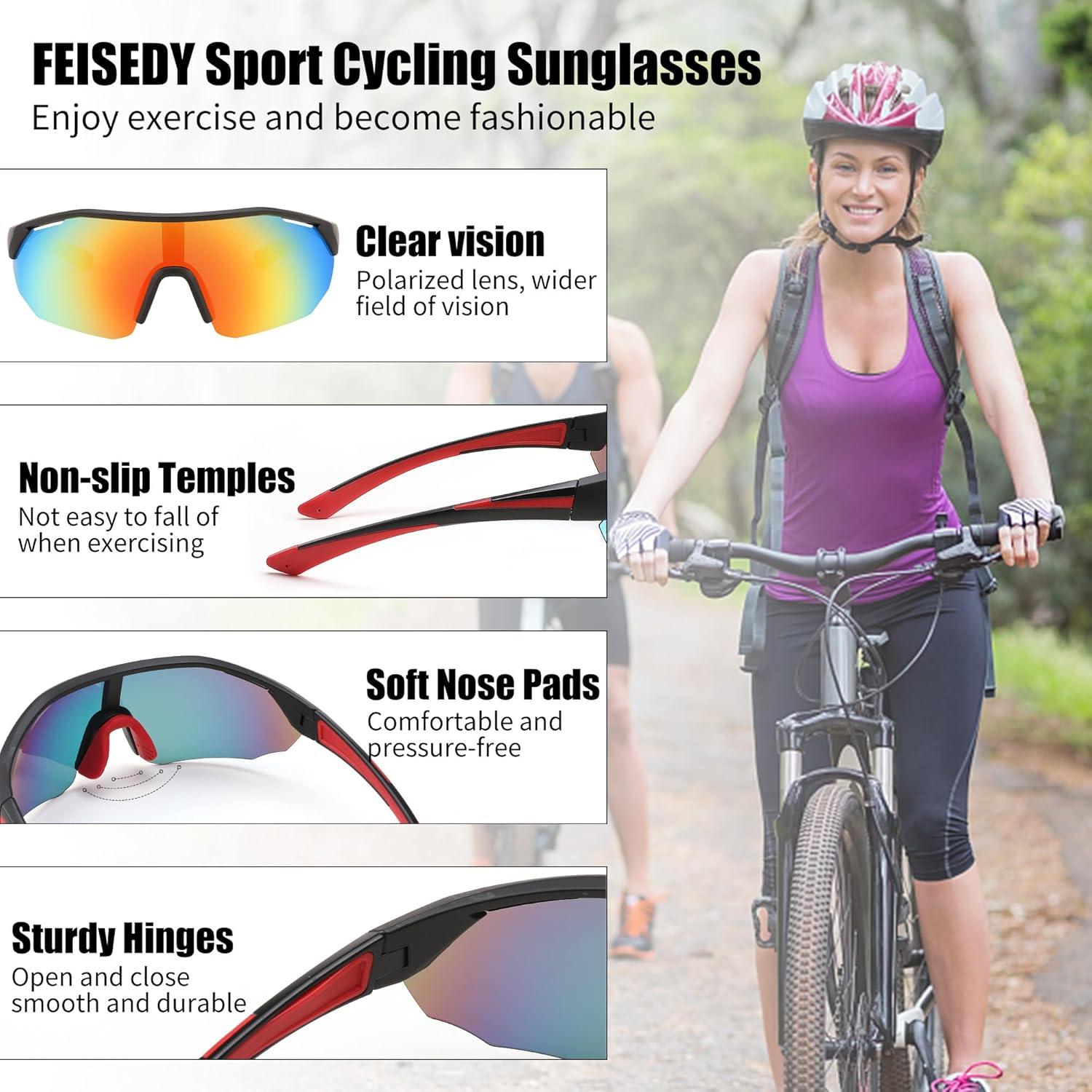 image:imageFEISEDY Polarized Sunglasses Baseball Lightweight Frame Men Women Sports Cycling Sun Glasses for MTB UV400 Protection B0056002 Black Red