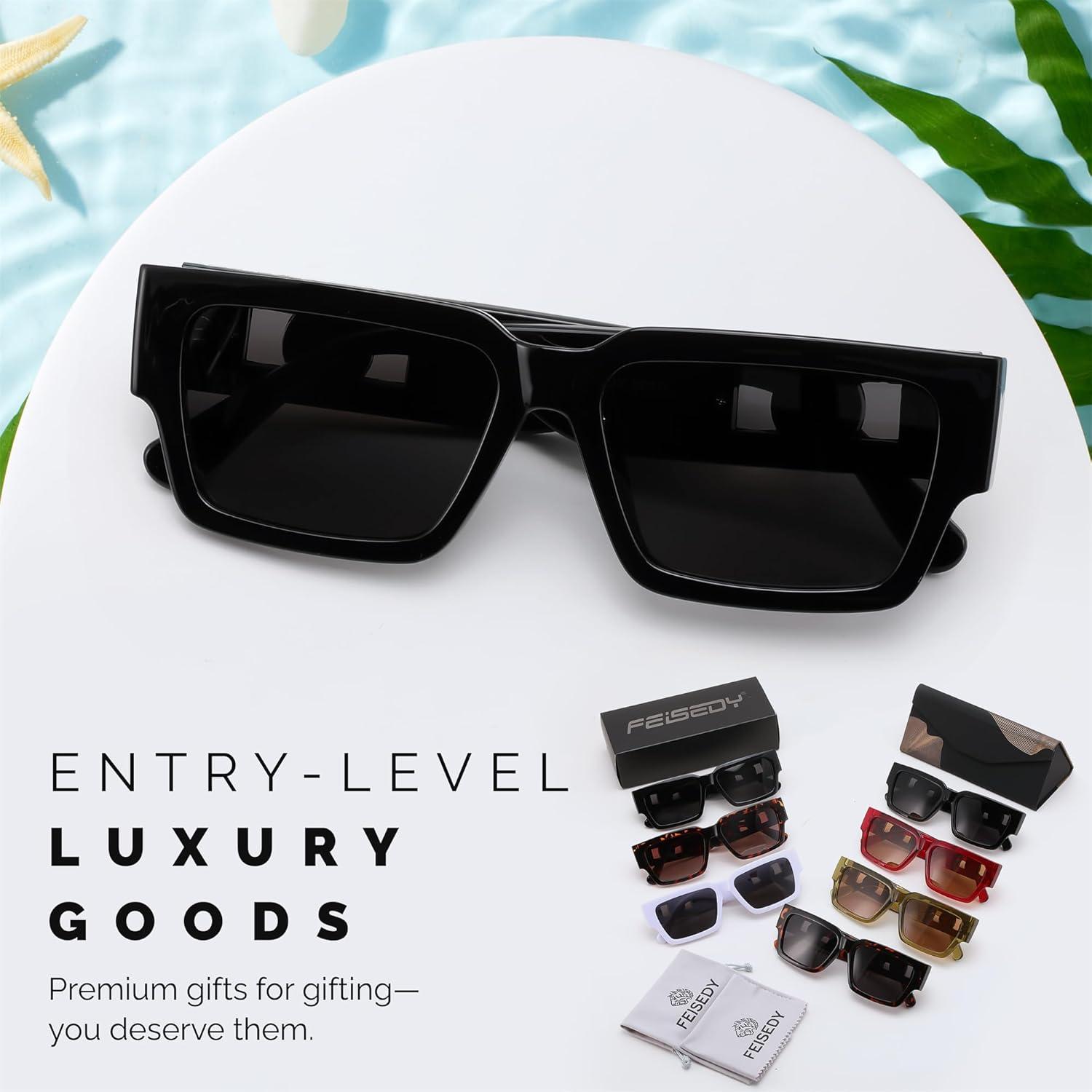 image:imageFEISEDY Retro Trendy Rectangle Polarized Sunglasses for Women MenClassic Narrow Square Sun Glasses B0314BlackBlack