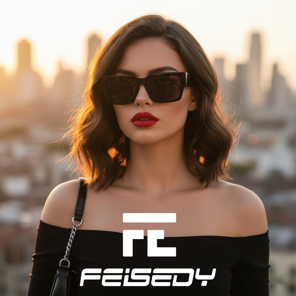 image:imageFEISEDY Retro Trendy Rectangle Polarized Sunglasses for Women MenClassic Narrow Square Sun Glasses B0314BlackBlack