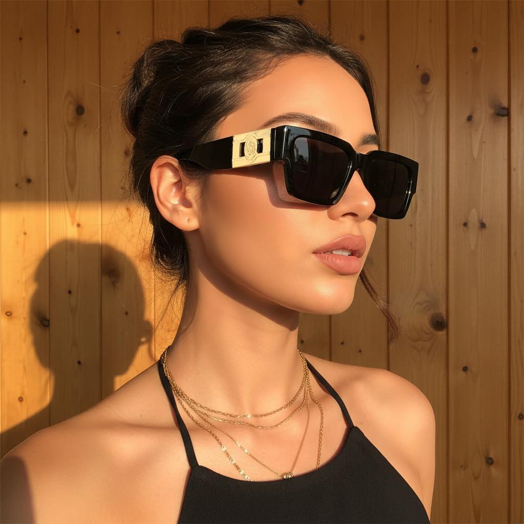 image:imageFEISEDY Retro Trendy Rectangle Polarized Sunglasses for Women MenClassic Narrow Square Sun Glasses B0314BlackGray