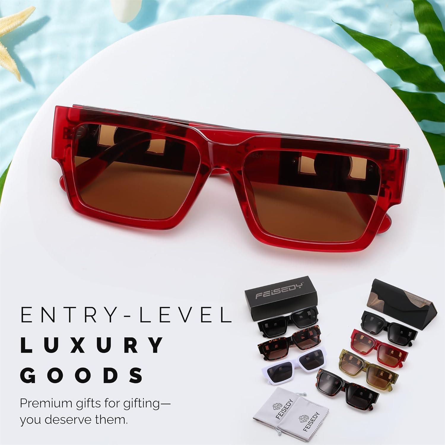 image:imageFEISEDY Retro Trendy Rectangle Polarized Sunglasses for Women MenClassic Narrow Square Sun Glasses B0314RedLight Brown