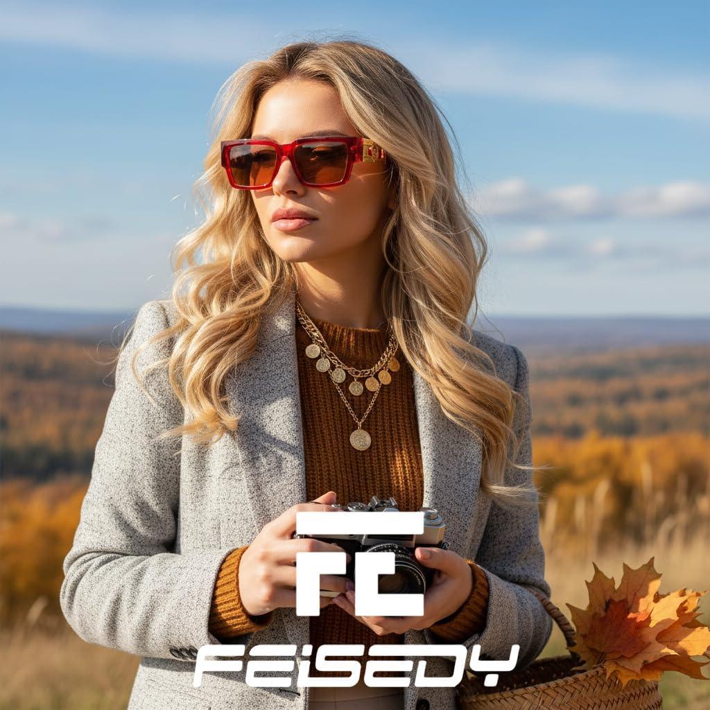 image:imageFEISEDY Retro Trendy Rectangle Polarized Sunglasses for Women MenClassic Narrow Square Sun Glasses B0314RedLight Brown