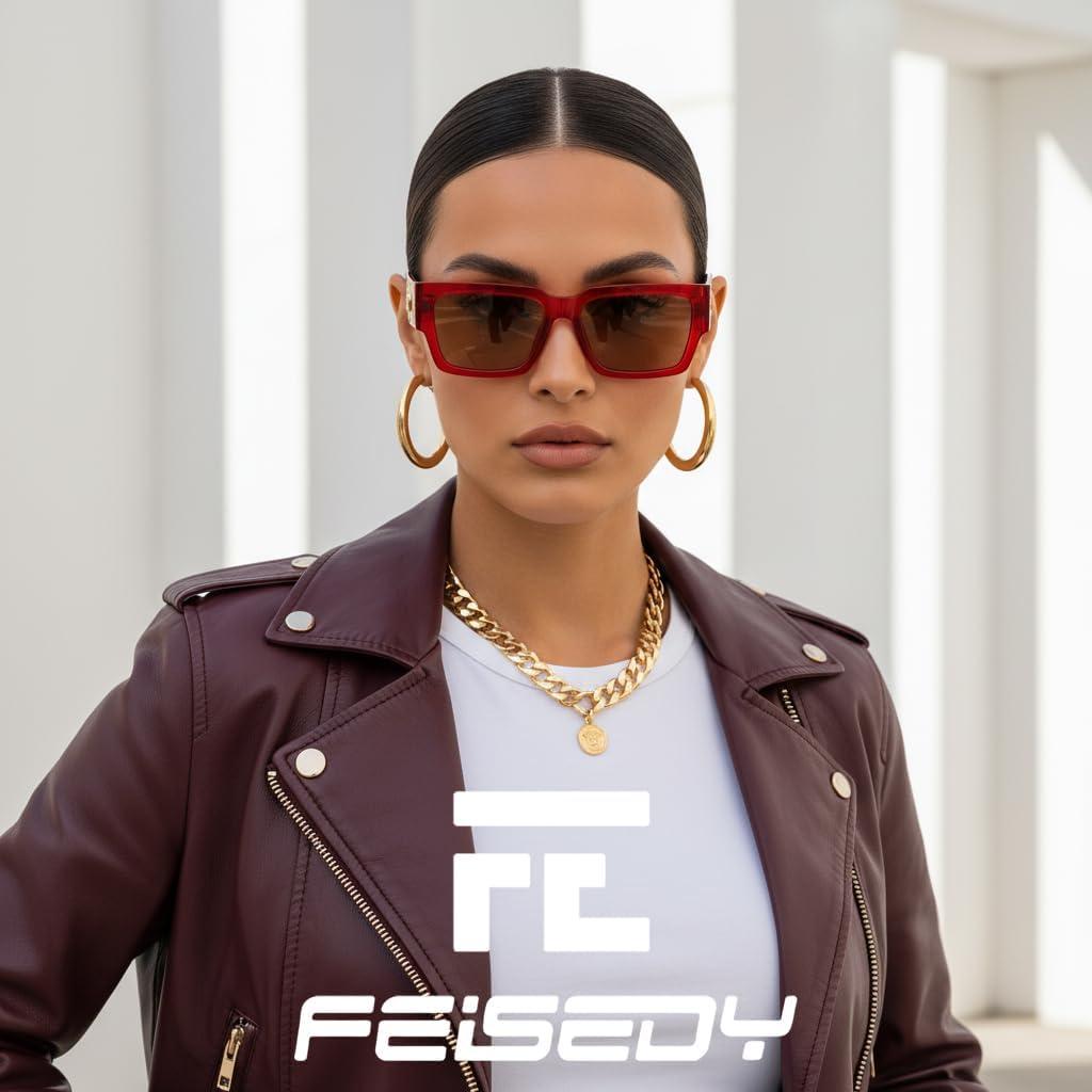 image:imageFEISEDY Retro Trendy Rectangle Polarized Sunglasses for Women MenClassic Narrow Square Sun Glasses B0314RedLight Brown