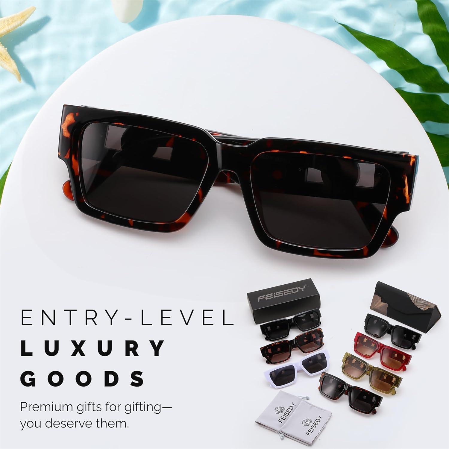 image:imageFEISEDY Retro Trendy Rectangle Polarized Sunglasses for Women MenClassic Narrow Square Sun Glasses B0314TortoiseBlack