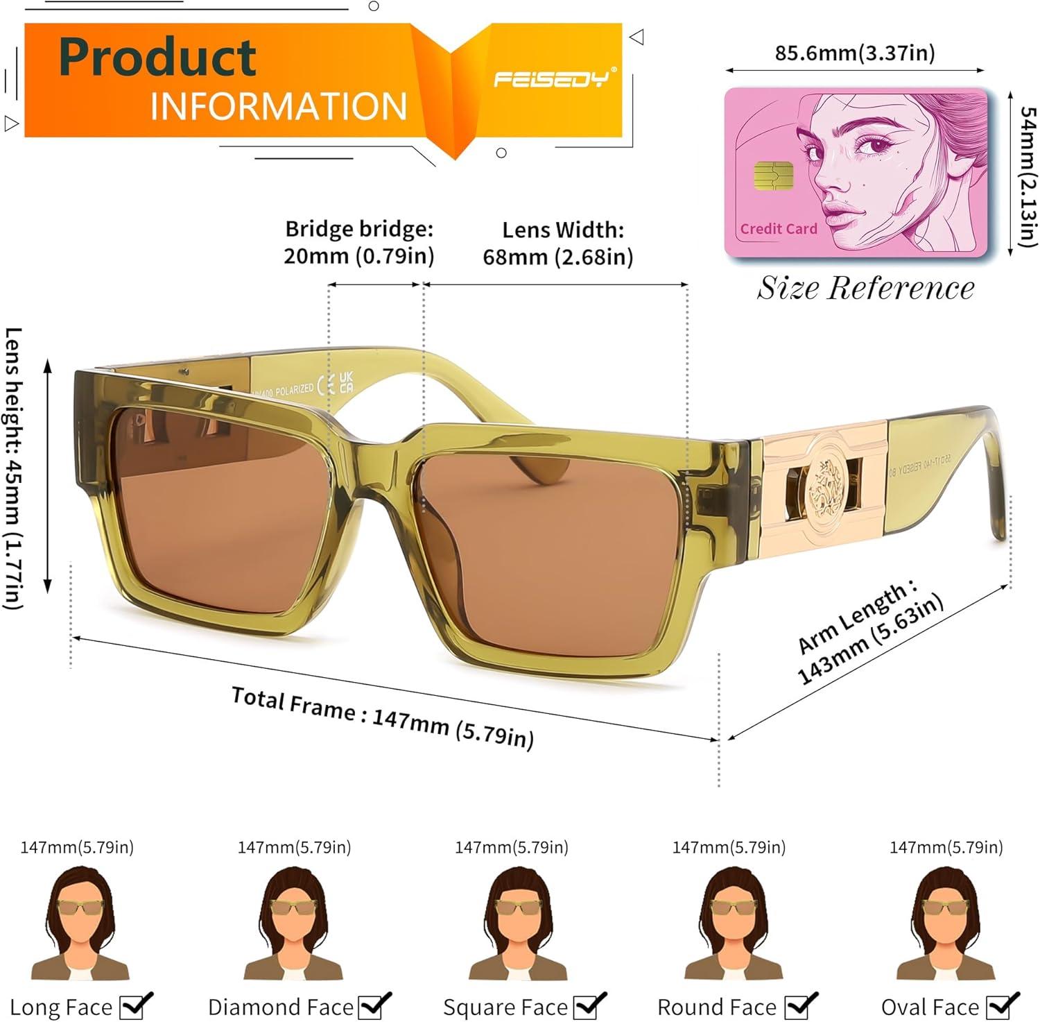 image:imageFEISEDY Retro Trendy Rectangle Polarized Sunglasses for Women MenClassic Narrow Square Sun Glasses B0314Transparent GreenBrown