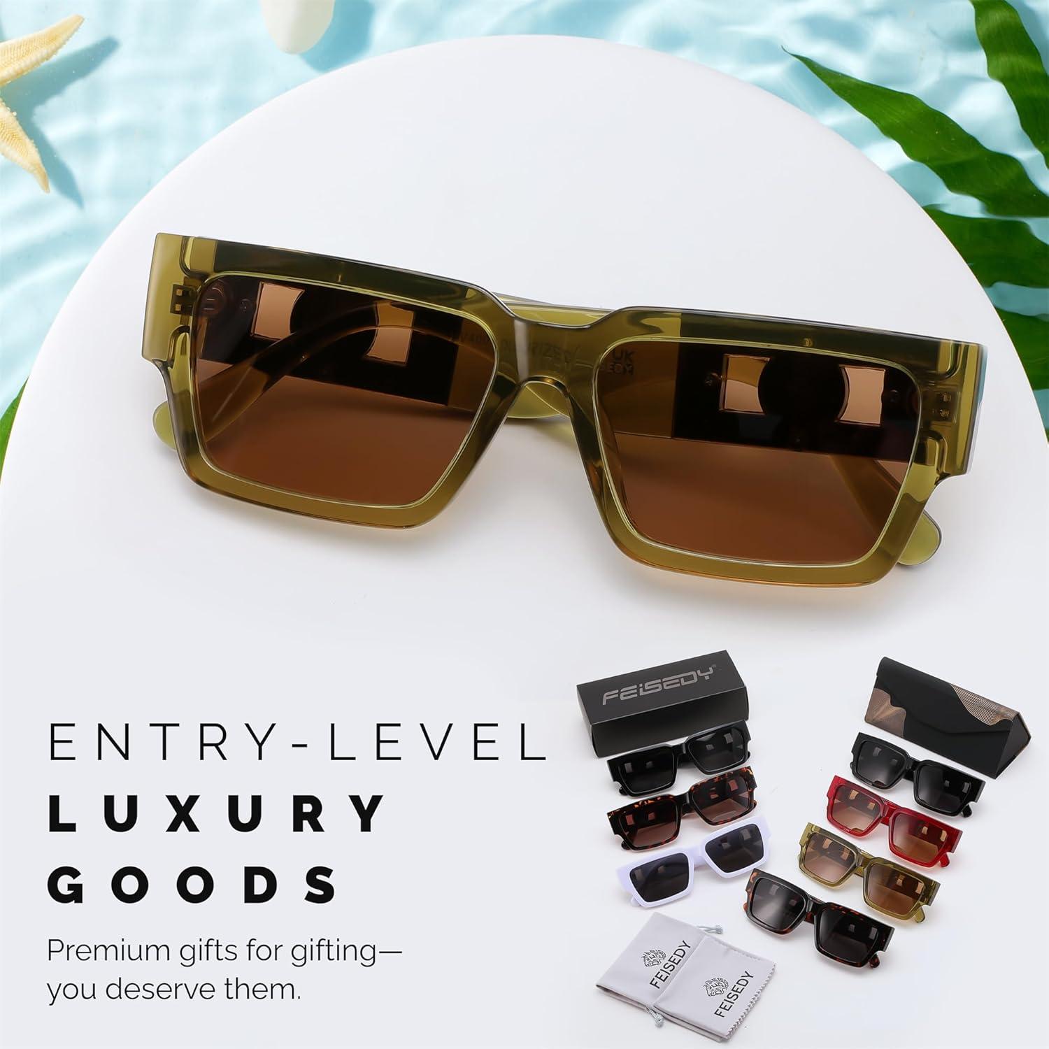 image:imageFEISEDY Retro Trendy Rectangle Polarized Sunglasses for Women MenClassic Narrow Square Sun Glasses B0314Transparent GreenBrown