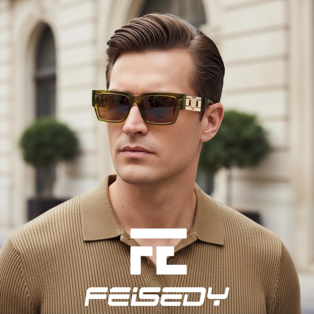 image:imageFEISEDY Retro Trendy Rectangle Polarized Sunglasses for Women MenClassic Narrow Square Sun Glasses B0314Transparent GreenBrown