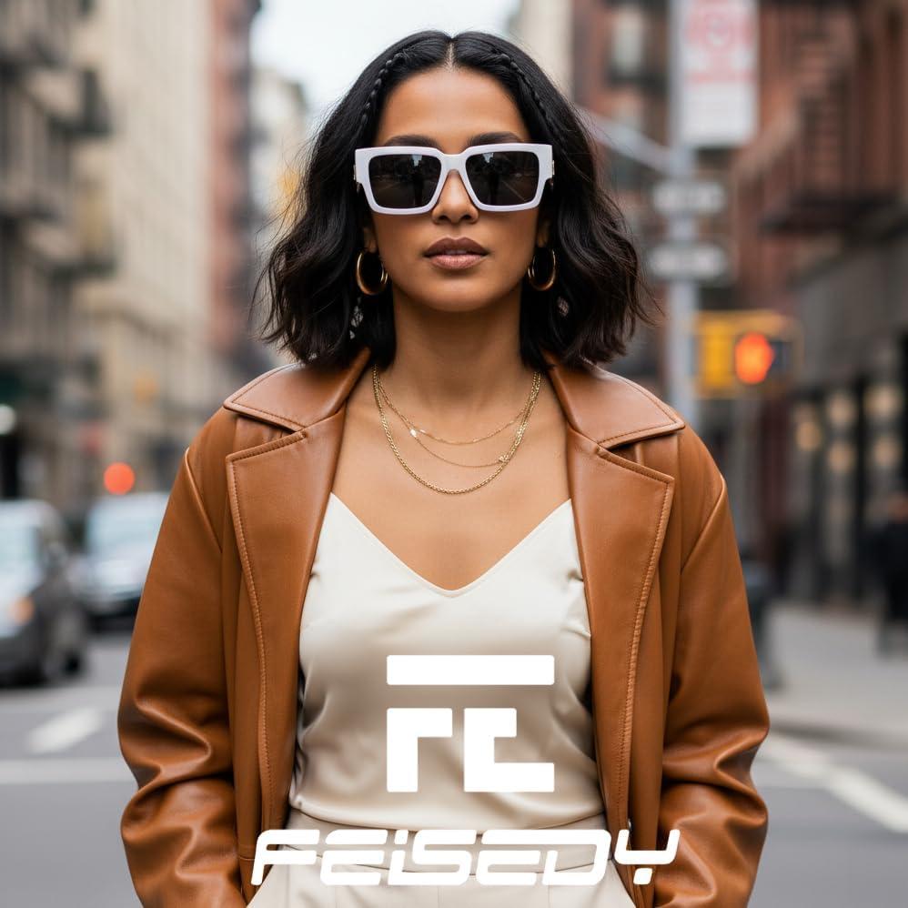 image:imageFEISEDY Retro Trendy Rectangle Polarized Sunglasses for Women MenClassic Narrow Square Sun Glasses B0314WhiteBlack