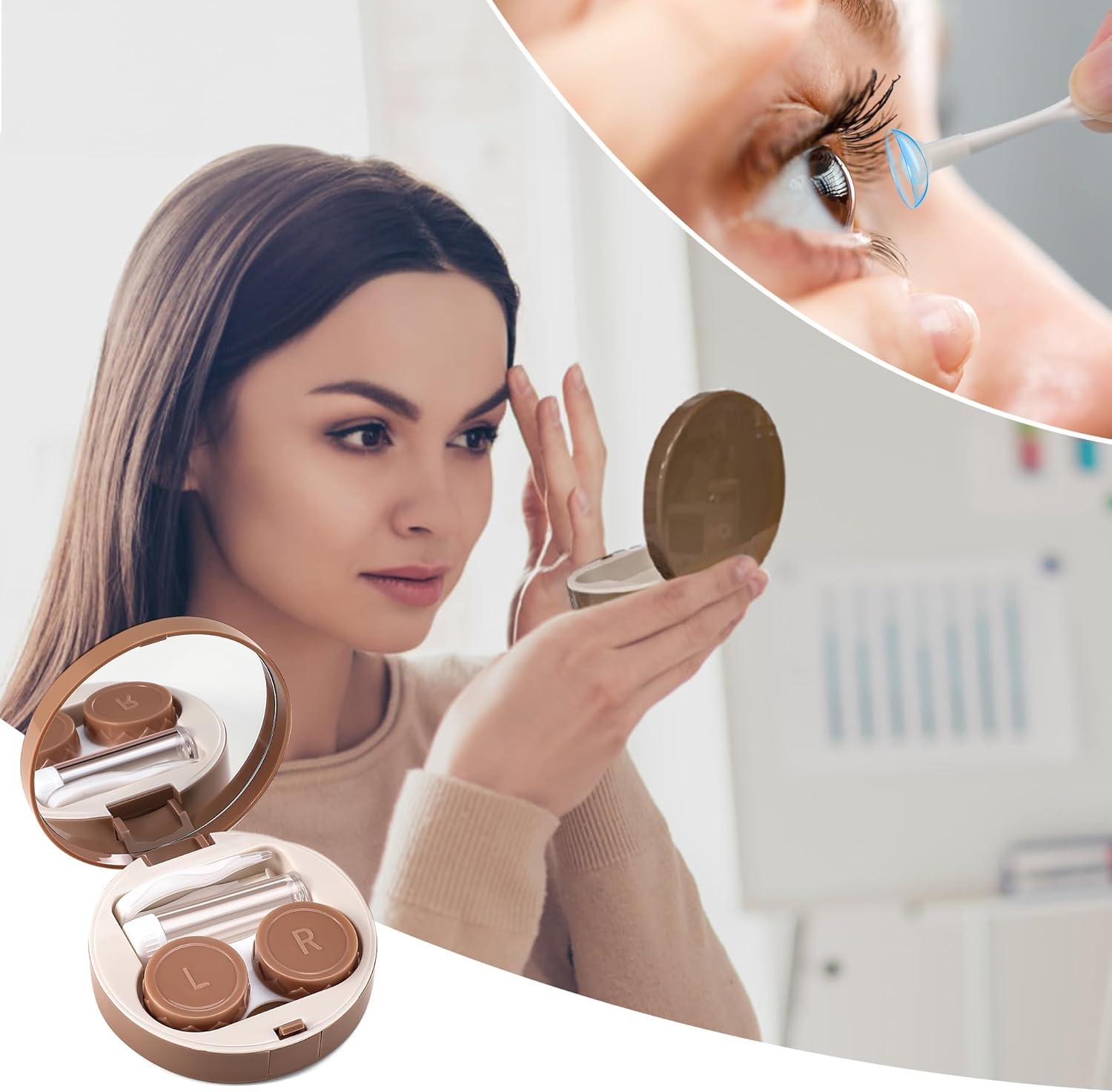 image:imageFEISEDY Contact Lens Case Fashion Portable Contacts Lens Box with Mirror Tweezers Remover Tool Solution Bottle for Travel B0072Khaki