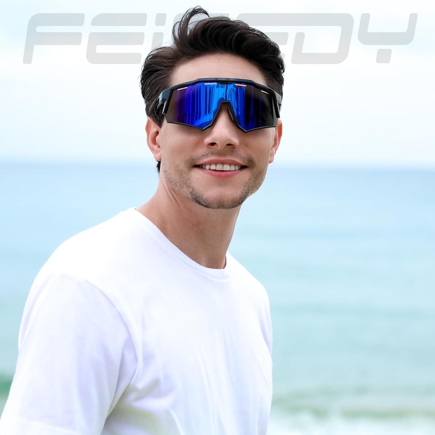 image:imageFEISEDY Polarized Sports Sunglasses for Men WomenTeens Baseball Tennis Sunglasses TR90 Cycling Glasses B4151Black FrameBlue Mirror