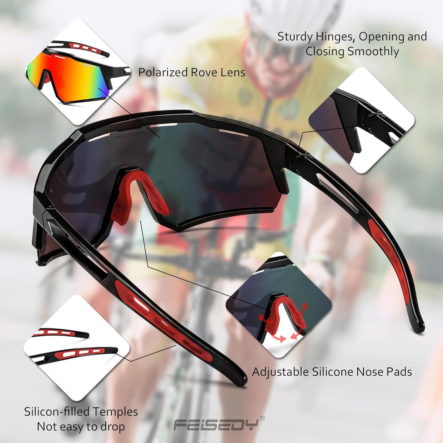 image:imageFEISEDY Polarized Sports Sunglasses for Men WomenTeens Baseball Tennis Sunglasses TR90 Cycling Glasses B4151Black FrameRed Mirror