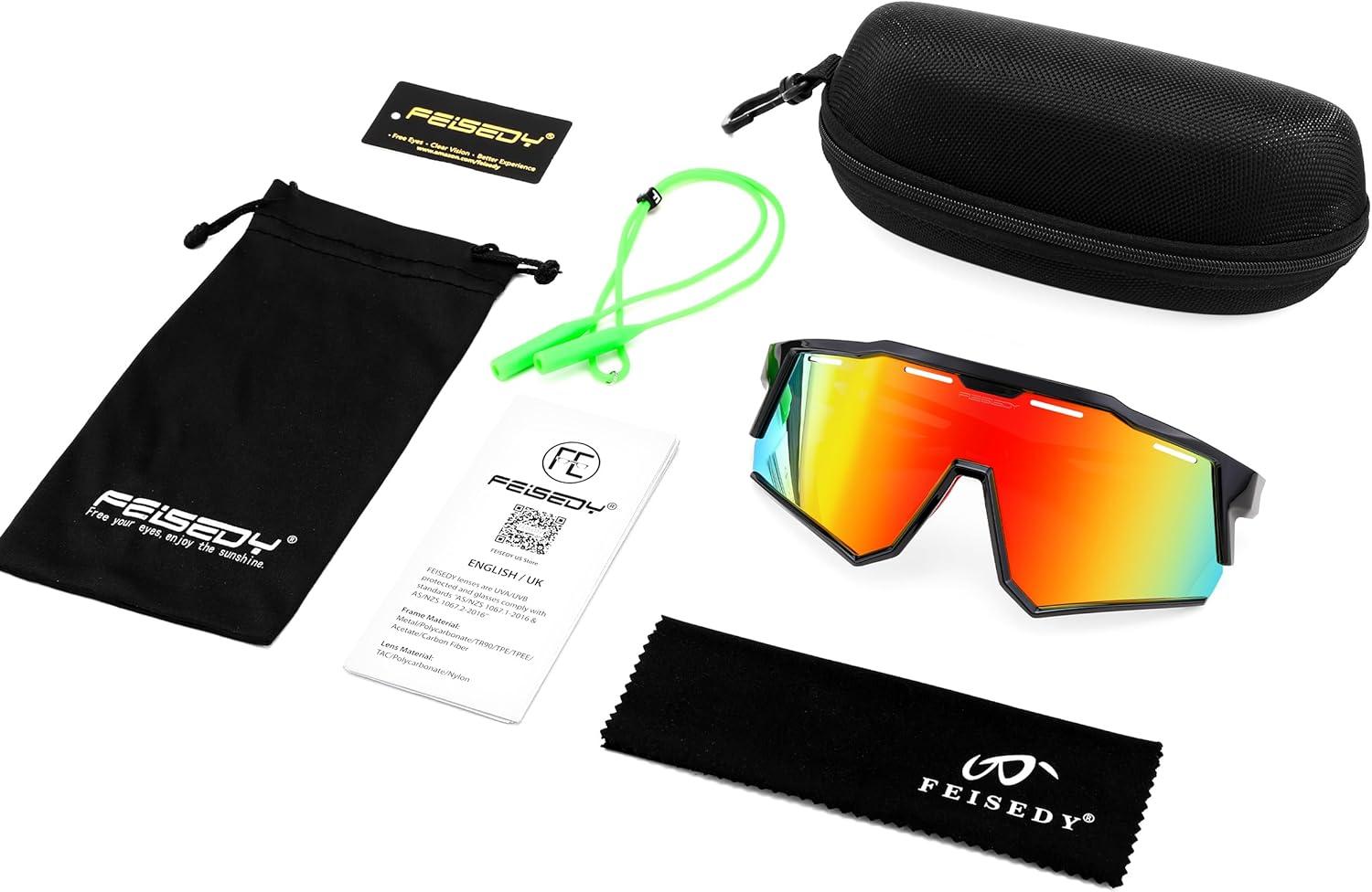 image:imageFEISEDY Polarized Sports Sunglasses for Men WomenTeens Baseball Tennis Sunglasses TR90 Cycling Glasses B4151Black FrameRed Mirror