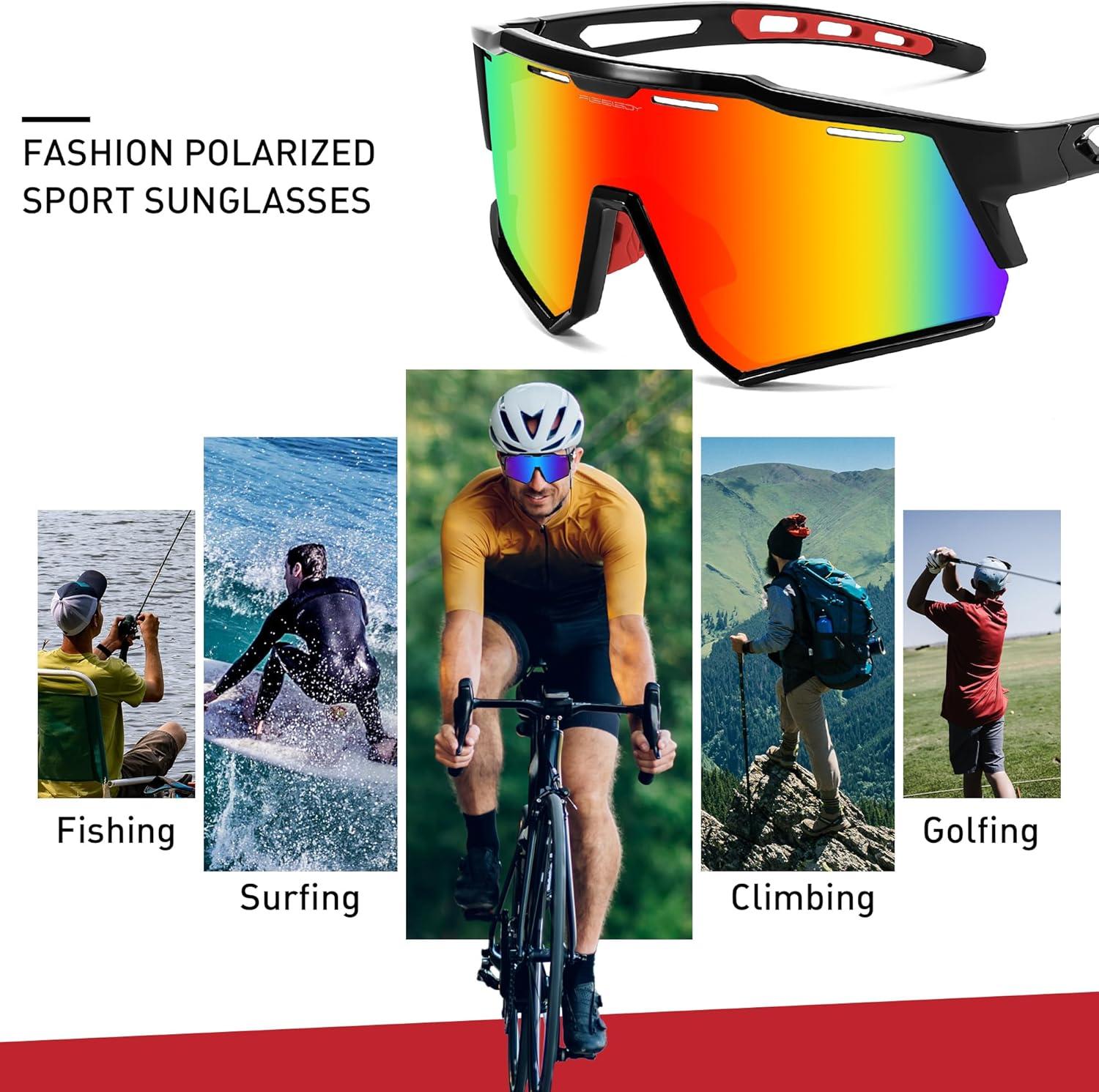 image:imageFEISEDY Polarized Sports Sunglasses for Men WomenTeens Baseball Tennis Sunglasses TR90 Cycling Glasses B4151Black FrameRed Mirror