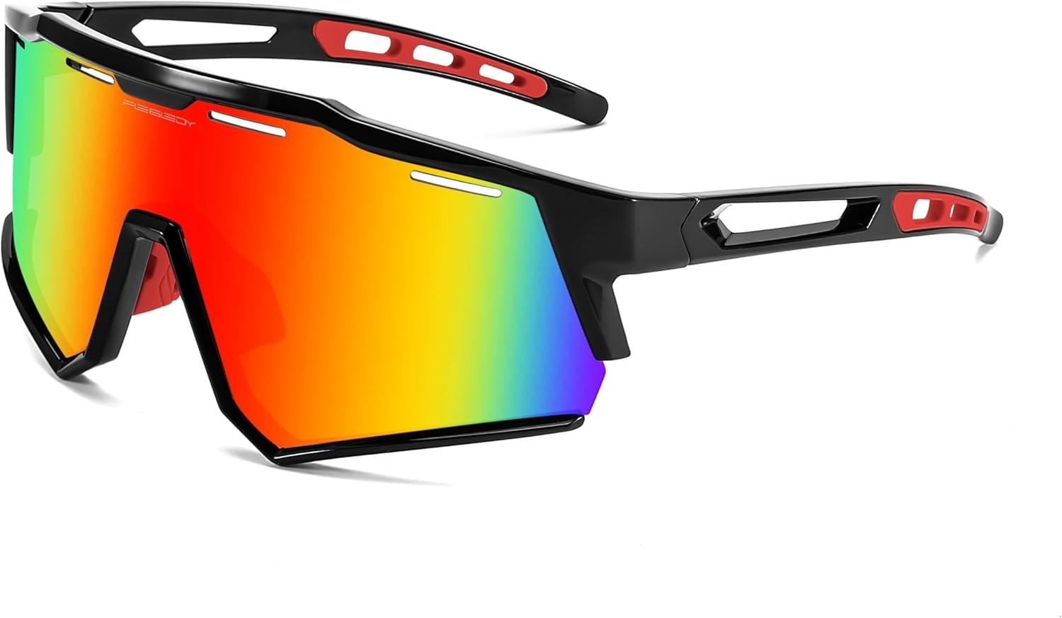 image:imageFEISEDY Polarized Sports Sunglasses for Men WomenTeens Baseball Tennis Sunglasses TR90 Cycling Glasses B4151Black FrameRed Mirror