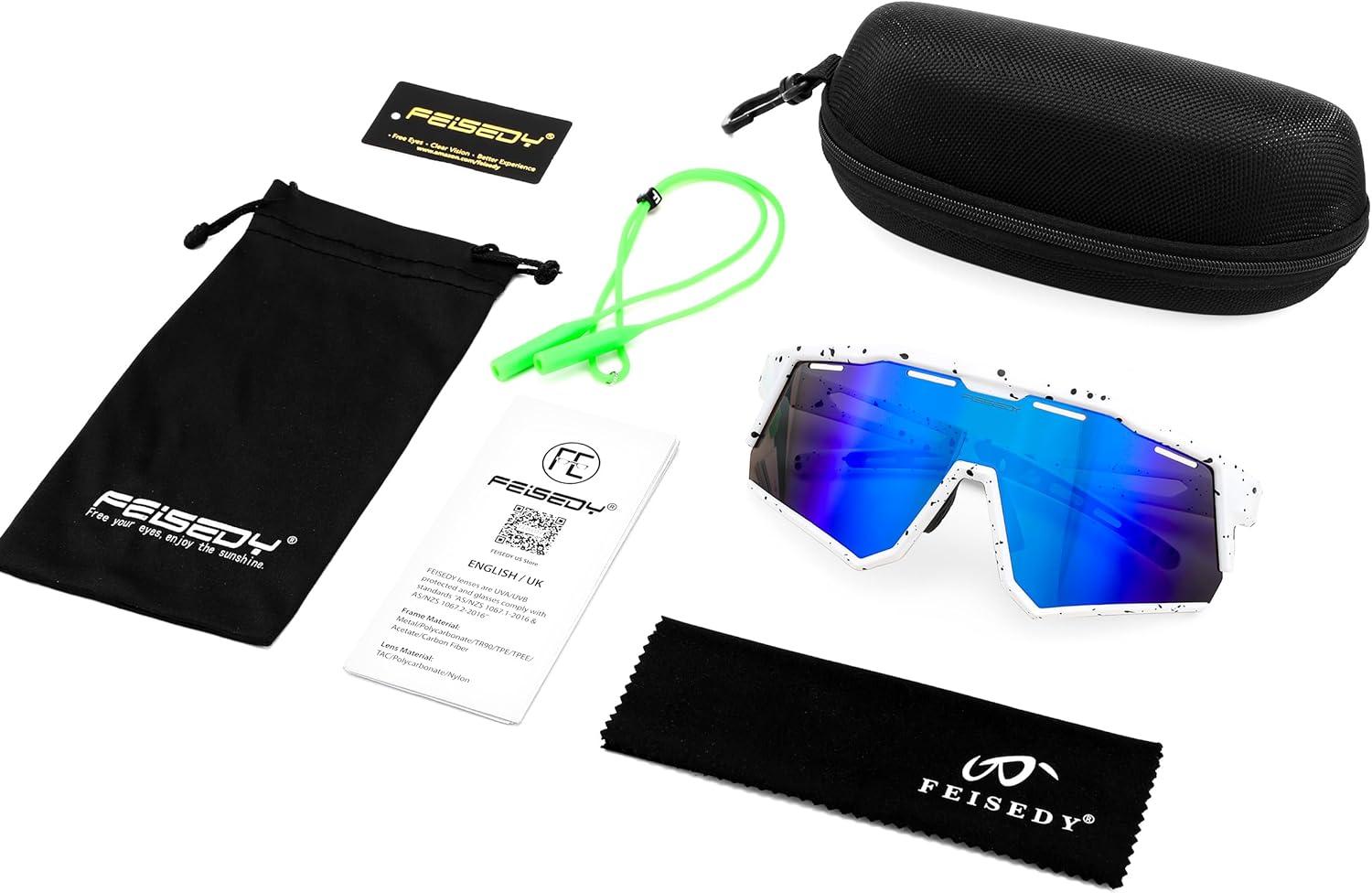 image:imageFEISEDY Polarized Sports Sunglasses for Men WomenTeens Baseball Tennis Sunglasses TR90 Cycling Glasses B4151White Black FrameBlue Mirror