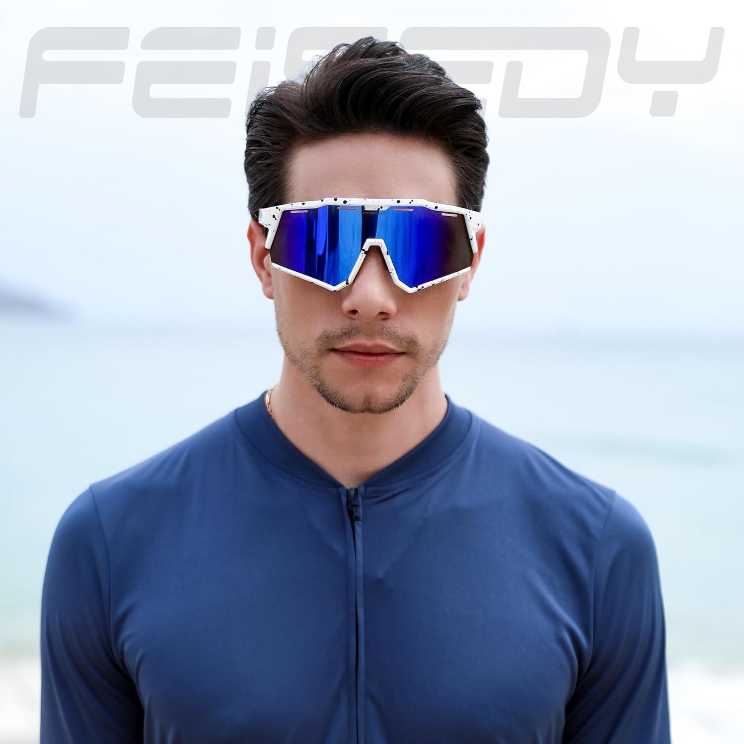 image:imageFEISEDY Polarized Sports Sunglasses for Men WomenTeens Baseball Tennis Sunglasses TR90 Cycling Glasses B4151White Black FrameBlue Mirror