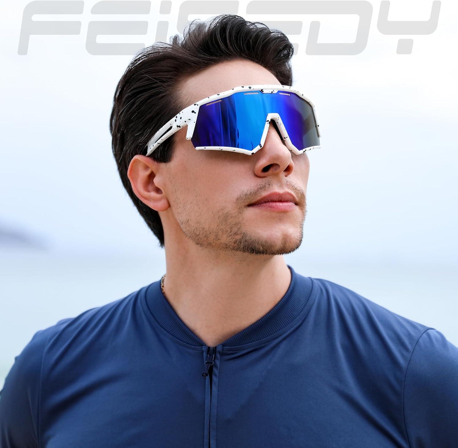image:imageFEISEDY Polarized Sports Sunglasses for Men WomenTeens Baseball Tennis Sunglasses TR90 Cycling Glasses B4151White Black FrameBlue Mirror