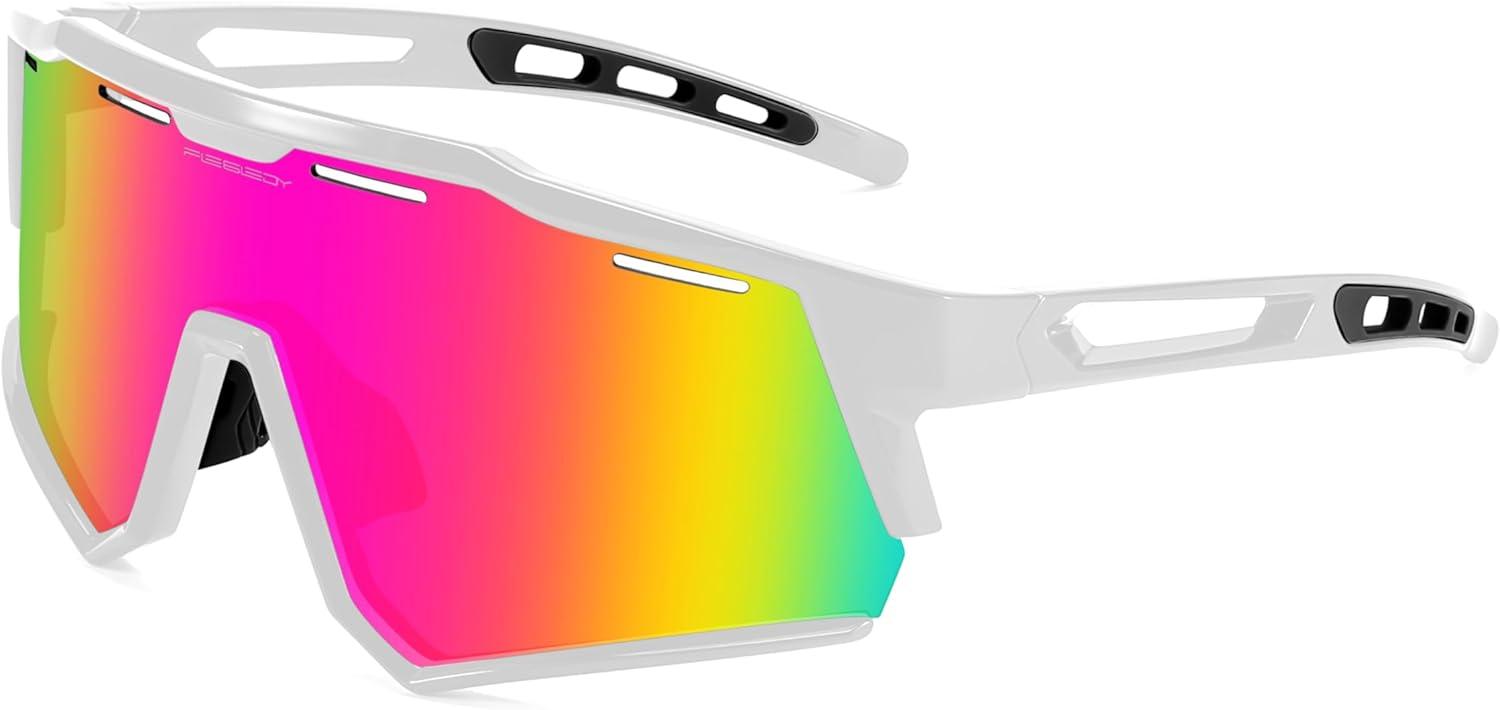image:imageFEISEDY Polarized Sports Sunglasses for Men WomenTeens Baseball Tennis Sunglasses TR90 Cycling Glasses B4151White FramePink Mirror