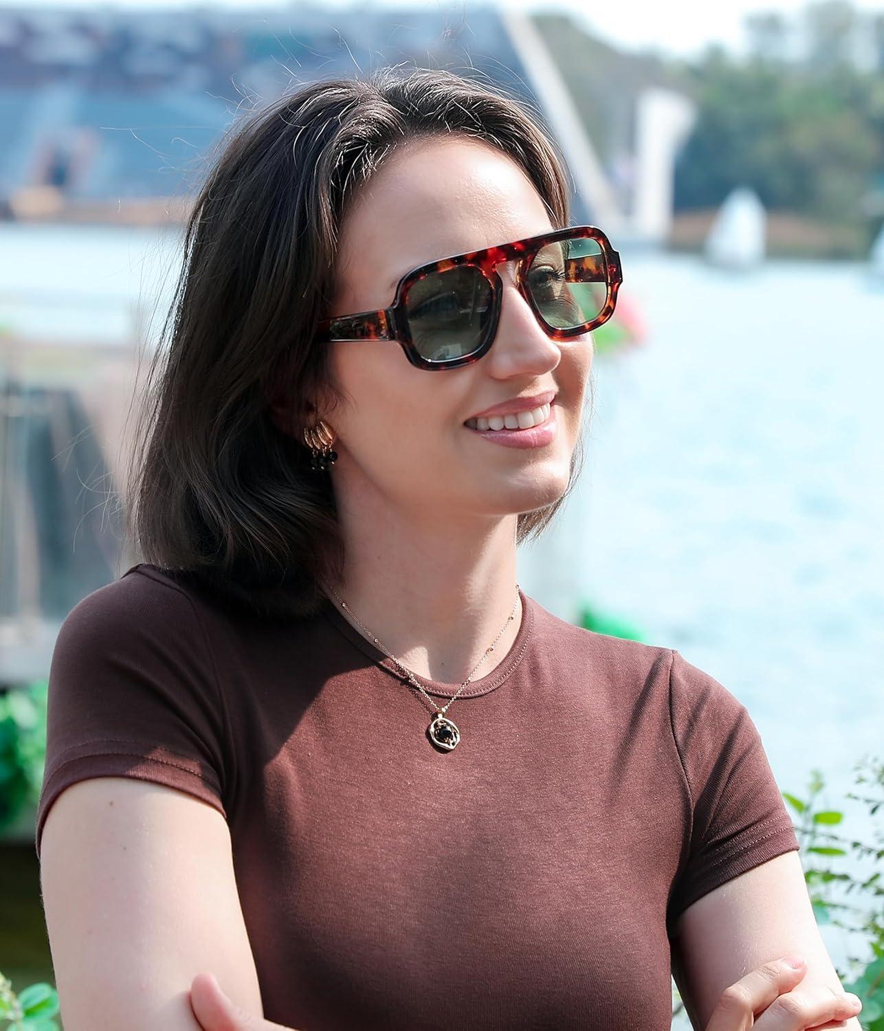 image:imageFEISEDY Retro Square Aviator Sunglasses Women Men 70s Vintage Trendy Plastic Frame Sun Glasses B41582 Pack Black TortoiseGreen