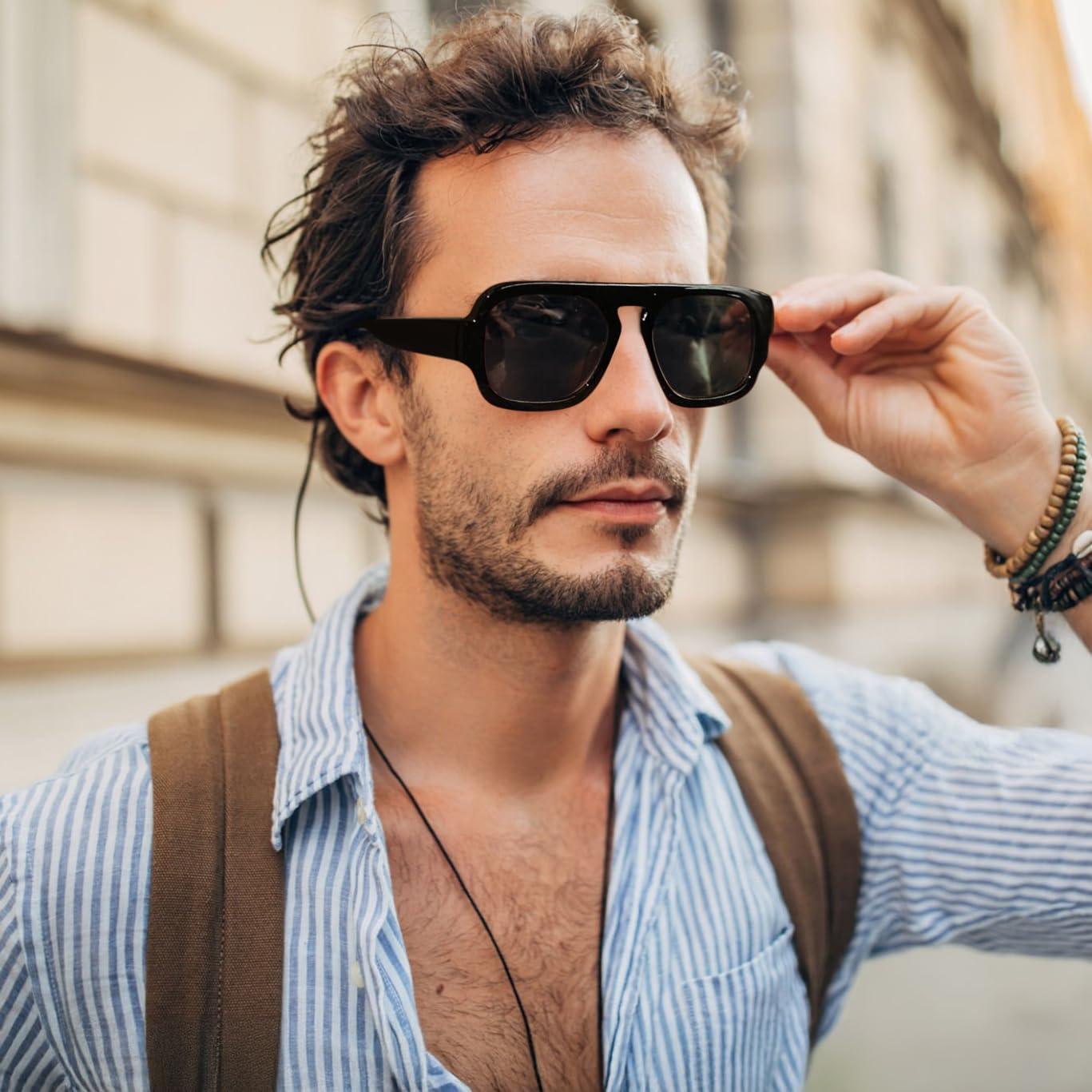 image:imageFEISEDY Retro Square Aviator Sunglasses Women Men 70s Vintage Trendy Plastic Frame Sun Glasses B41582 Pack Black TortoiseGreen