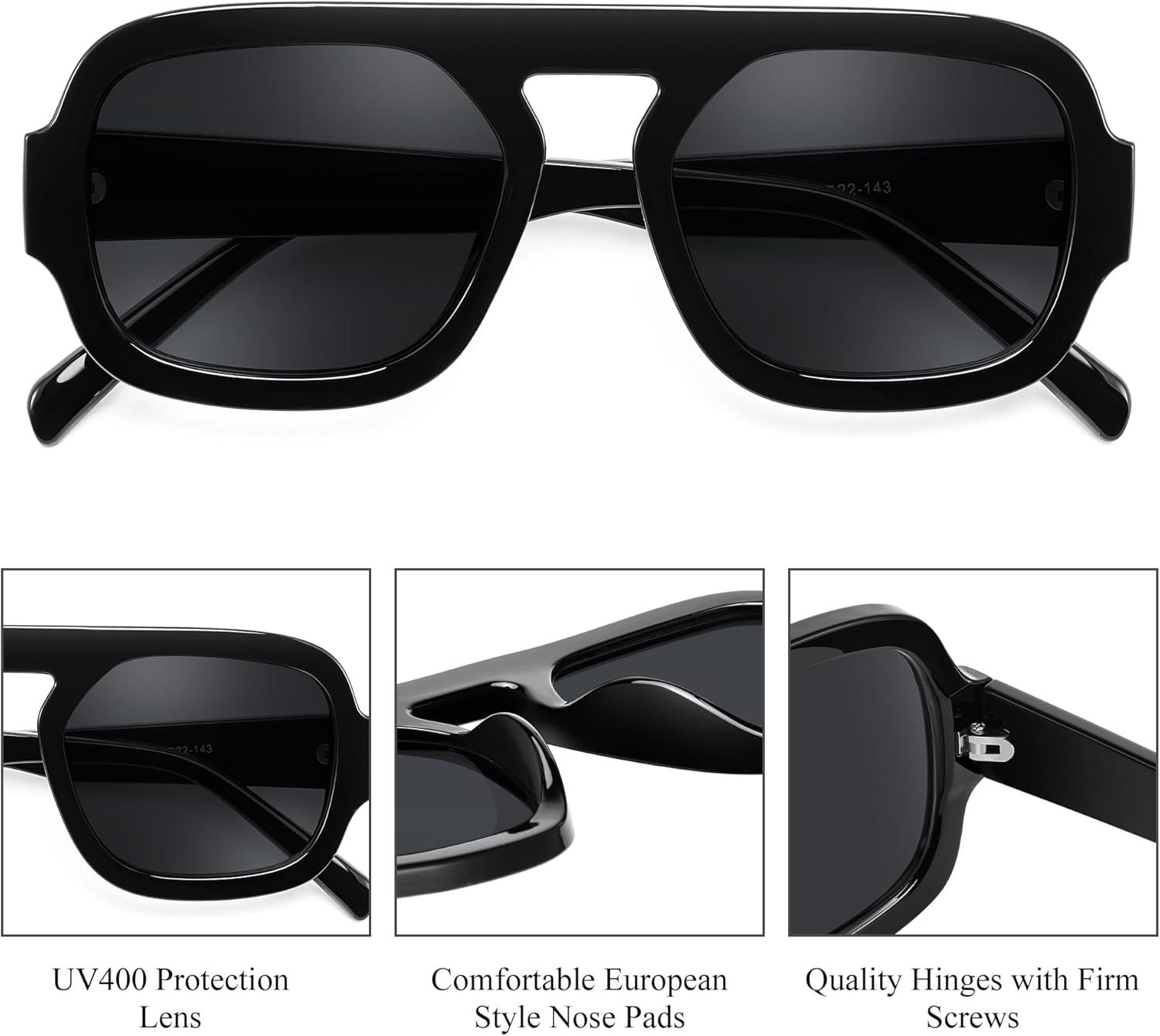 image:imageFEISEDY Retro Square Aviator Sunglasses Women Men 70s Vintage Trendy Plastic Frame Sun Glasses B41582 Pack Black TortoiseGreen