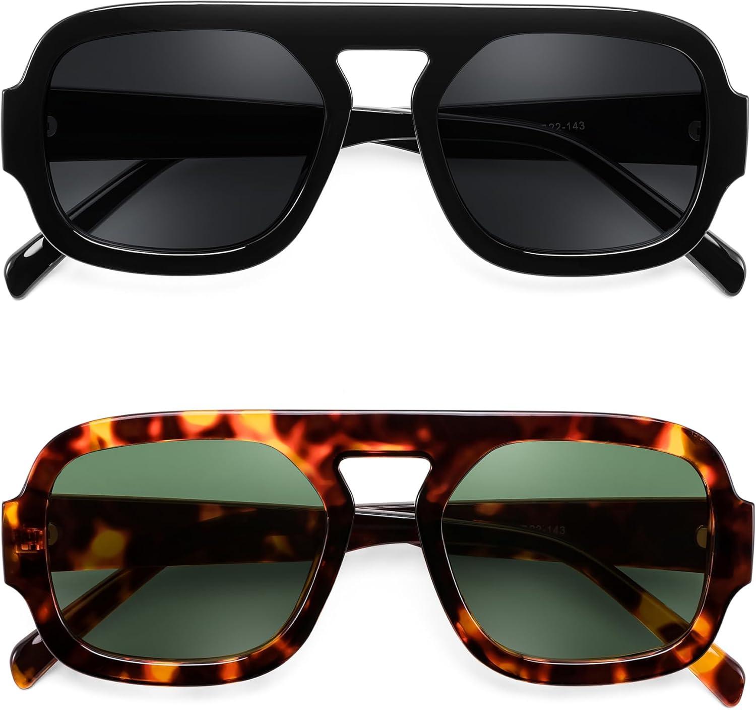 image:imageFEISEDY Retro Square Aviator Sunglasses Women Men 70s Vintage Trendy Plastic Frame Sun Glasses B41582 Pack Black TortoiseGreen