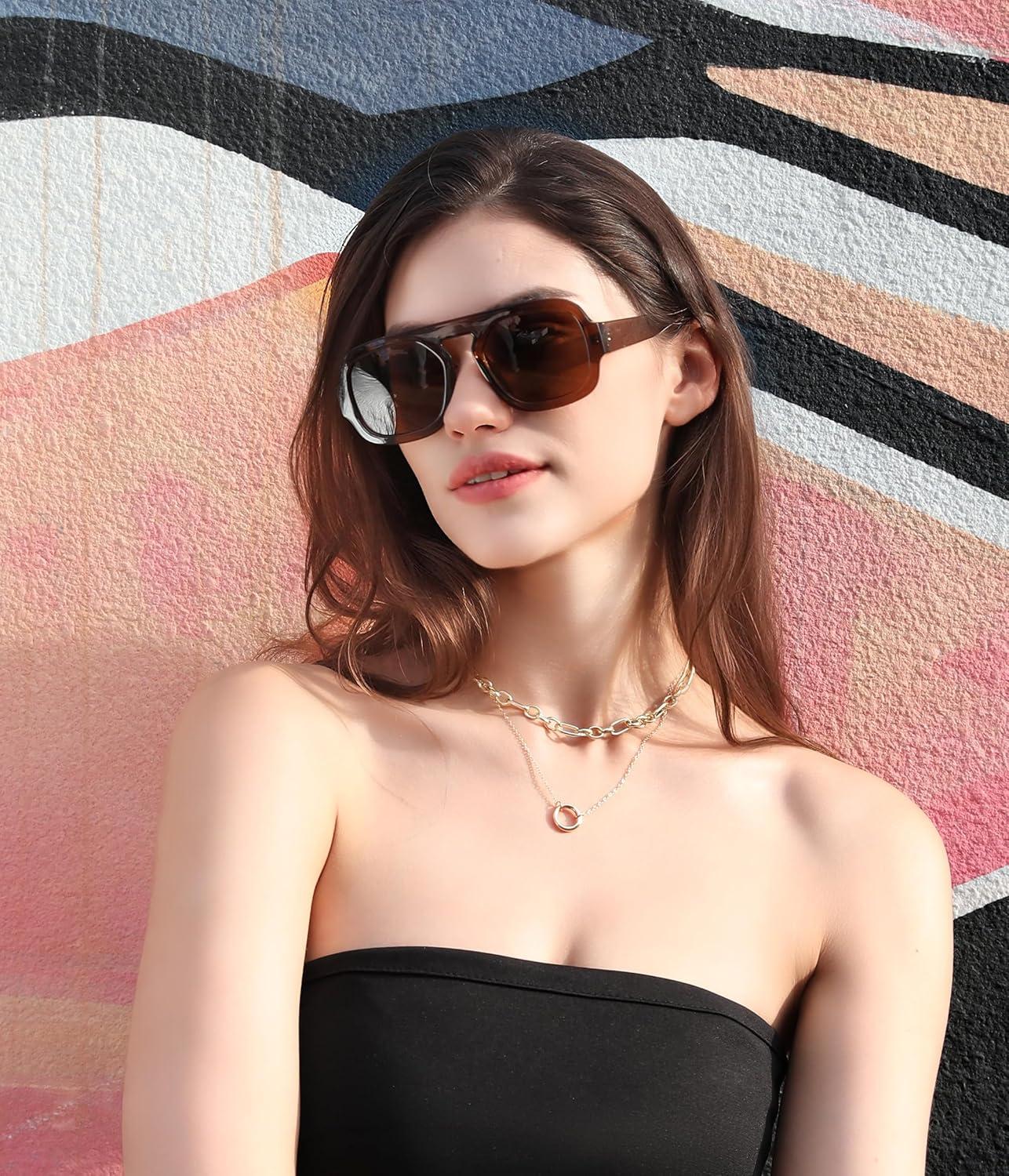 image:imageFEISEDY Retro Square Aviator Sunglasses Women Men 70s Vintage Trendy Plastic Frame Sun Glasses B41582 Pack Brown TortoiseGreen
