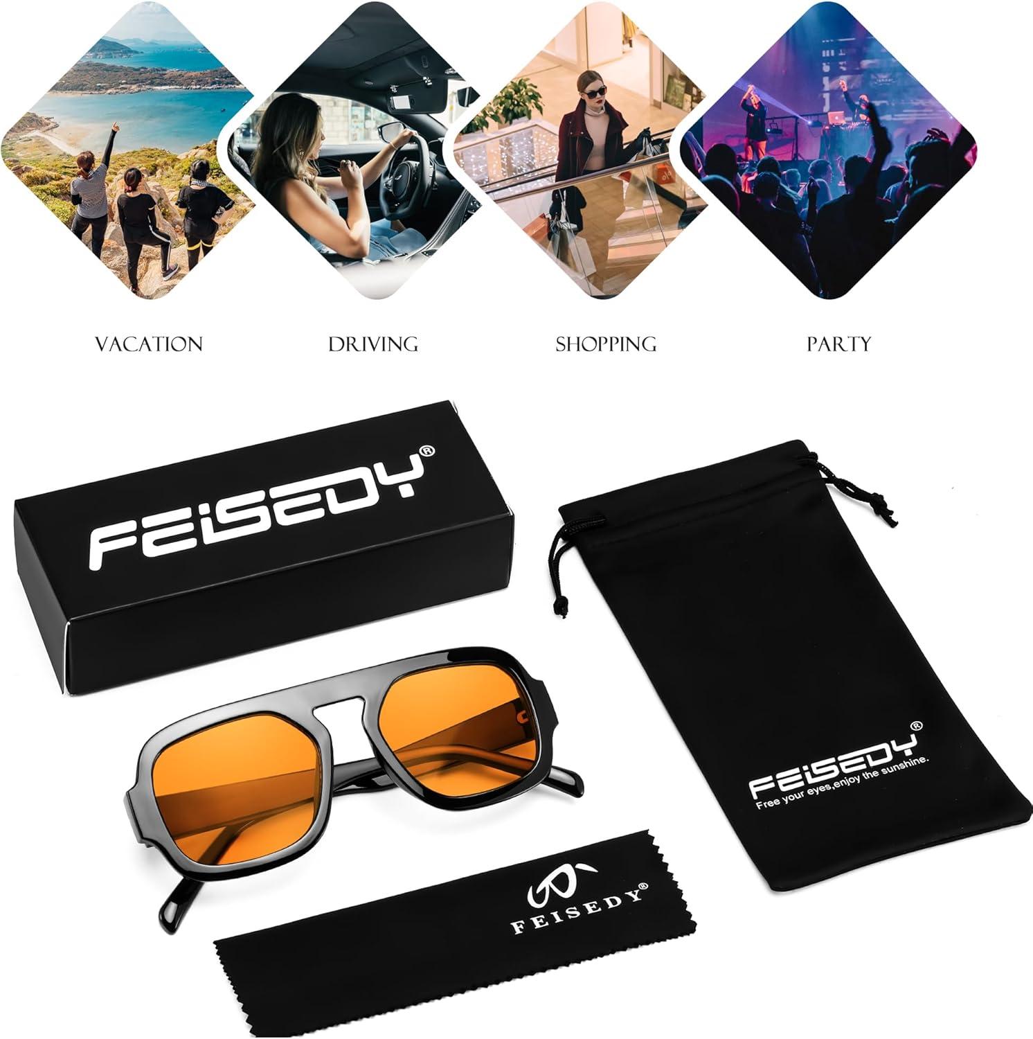 image:imageFEISEDY Retro Square Aviator Sunglasses Women Men 70s Vintage Trendy Plastic Frame Sun Glasses B41582 Pack Tortoise Yellow