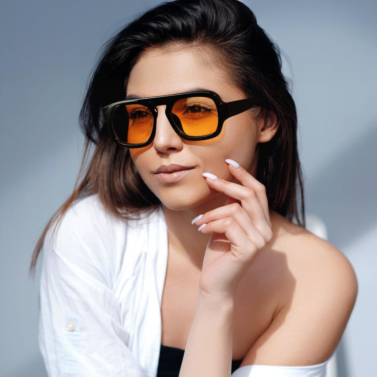 image:imageFEISEDY Retro Square Aviator Sunglasses Women Men 70s Vintage Trendy Plastic Frame Sun Glasses B41582 Pack Yellow TortoiseGreen