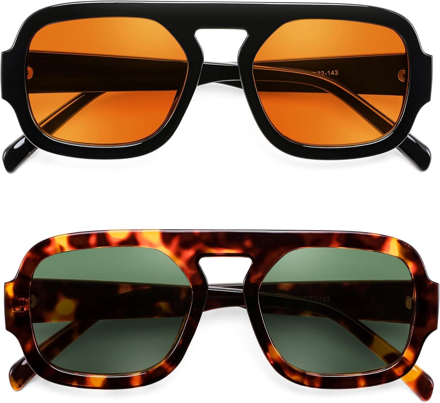 image:imageFEISEDY Retro Square Aviator Sunglasses Women Men 70s Vintage Trendy Plastic Frame Sun Glasses B41582 Pack Yellow TortoiseGreen