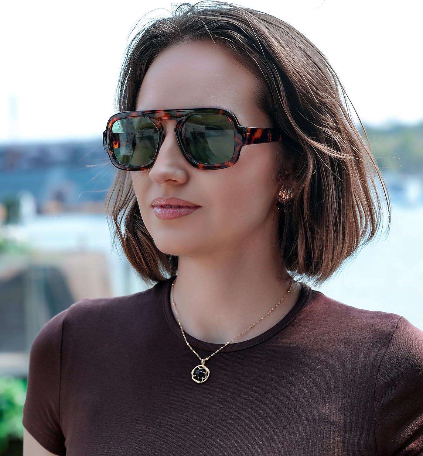 image:imageFEISEDY Retro Square Aviator Sunglasses Women Men 70s Vintage Trendy Plastic Frame Sun Glasses B41582 Pack Yellow TortoiseGreen