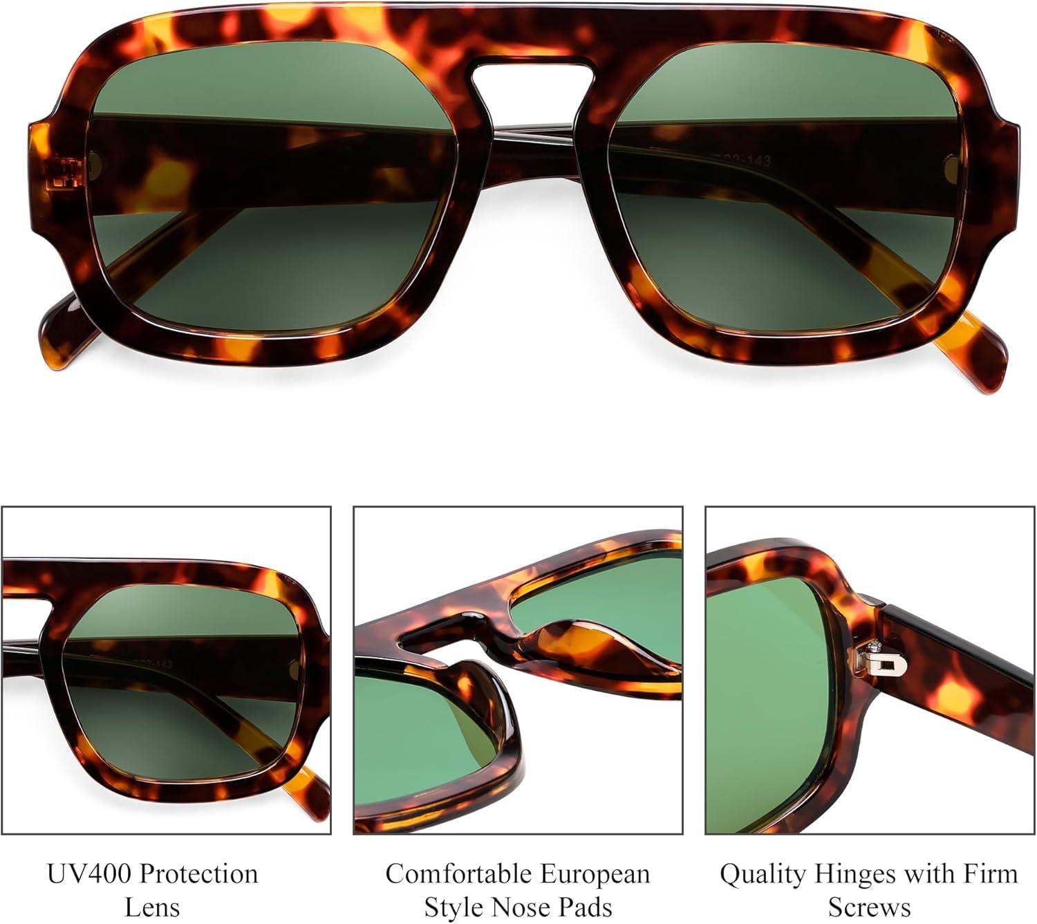 image:imageFEISEDY Retro Square Aviator Sunglasses Women Men 70s Vintage Trendy Plastic Frame Sun Glasses B41582 Pack Yellow TortoiseGreen