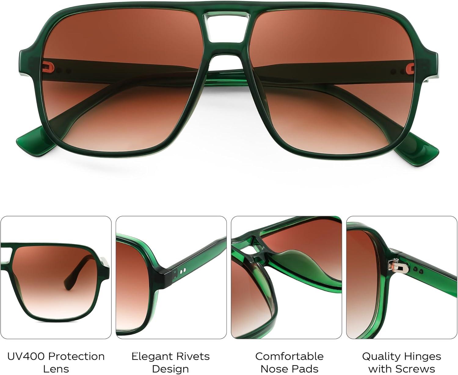 image:imageFEISEDY Retro Square Aviator Sunglasses Women Men 70s Vintage Trendy Plastic Frame Sun Glasses B4158Black Green
