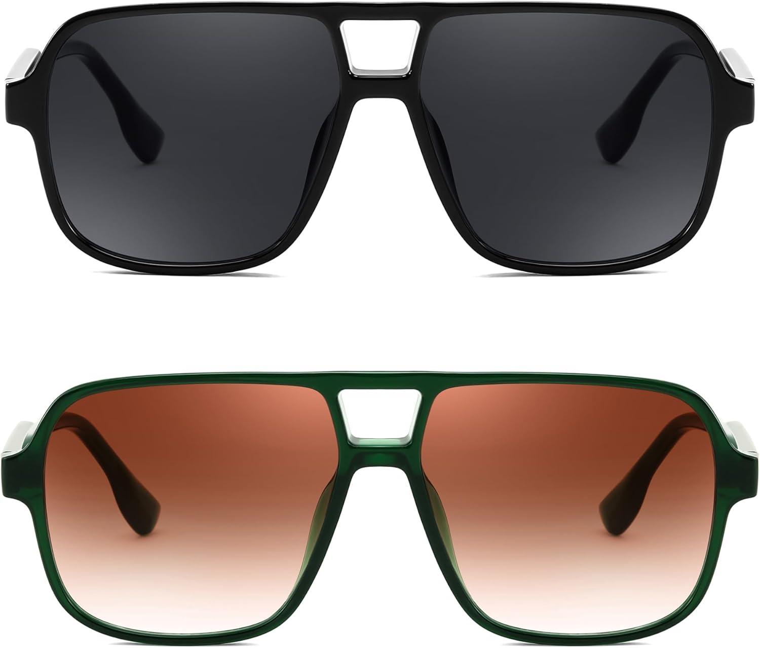 image:imageFEISEDY Retro Square Aviator Sunglasses Women Men 70s Vintage Trendy Plastic Frame Sun Glasses B4158Black Green